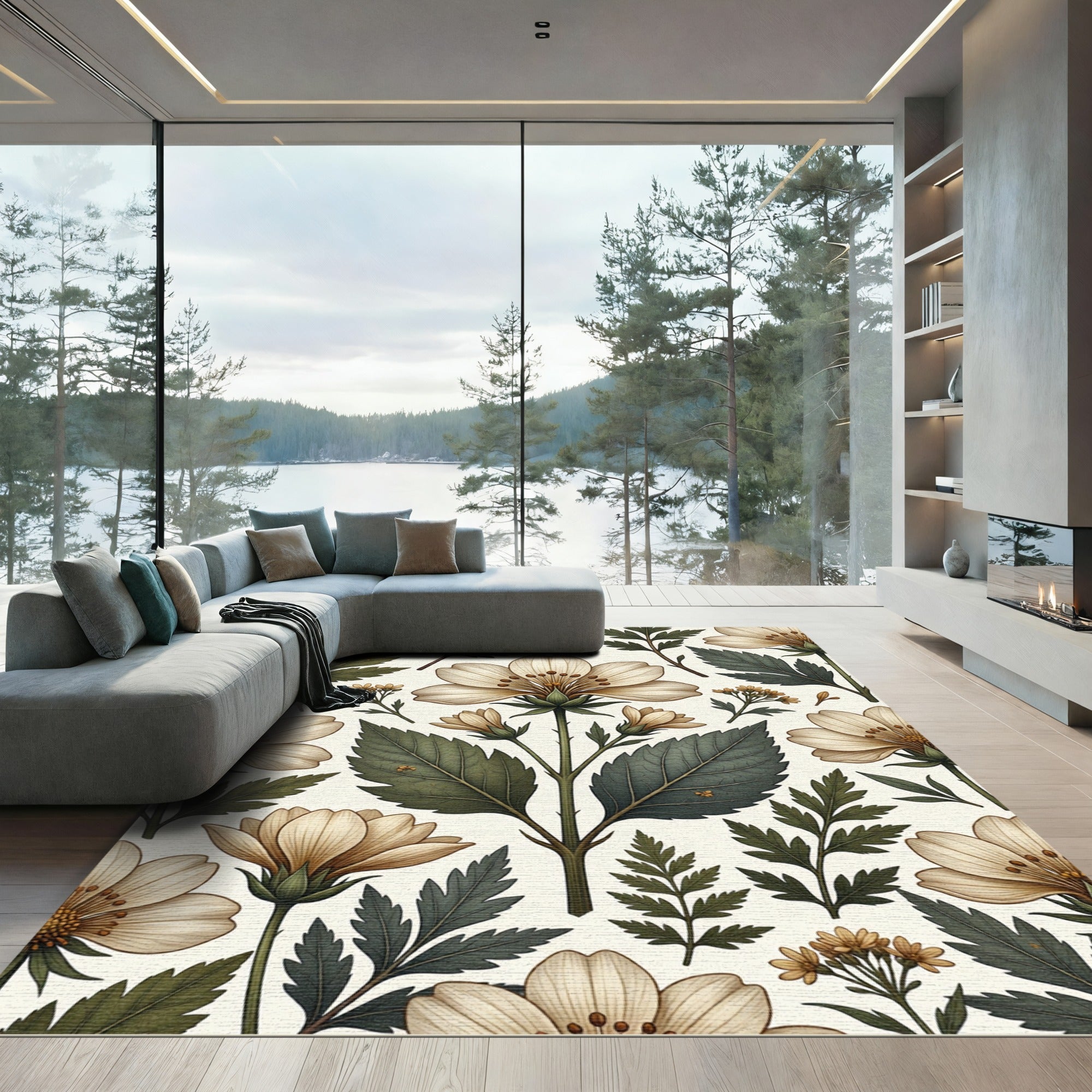 Vintage Cream Floral Botanical Illustration Rug