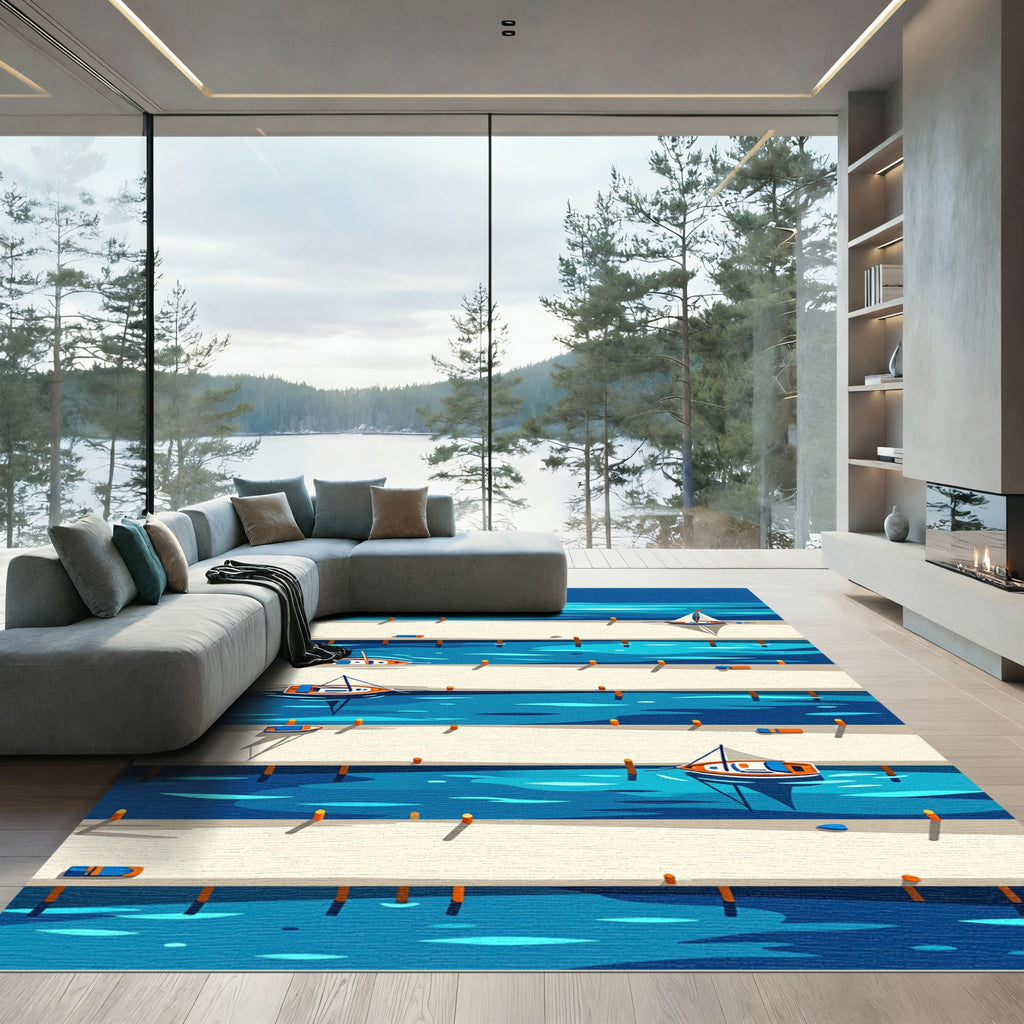 Minimalist Blue Nautical Dock Bay Rug