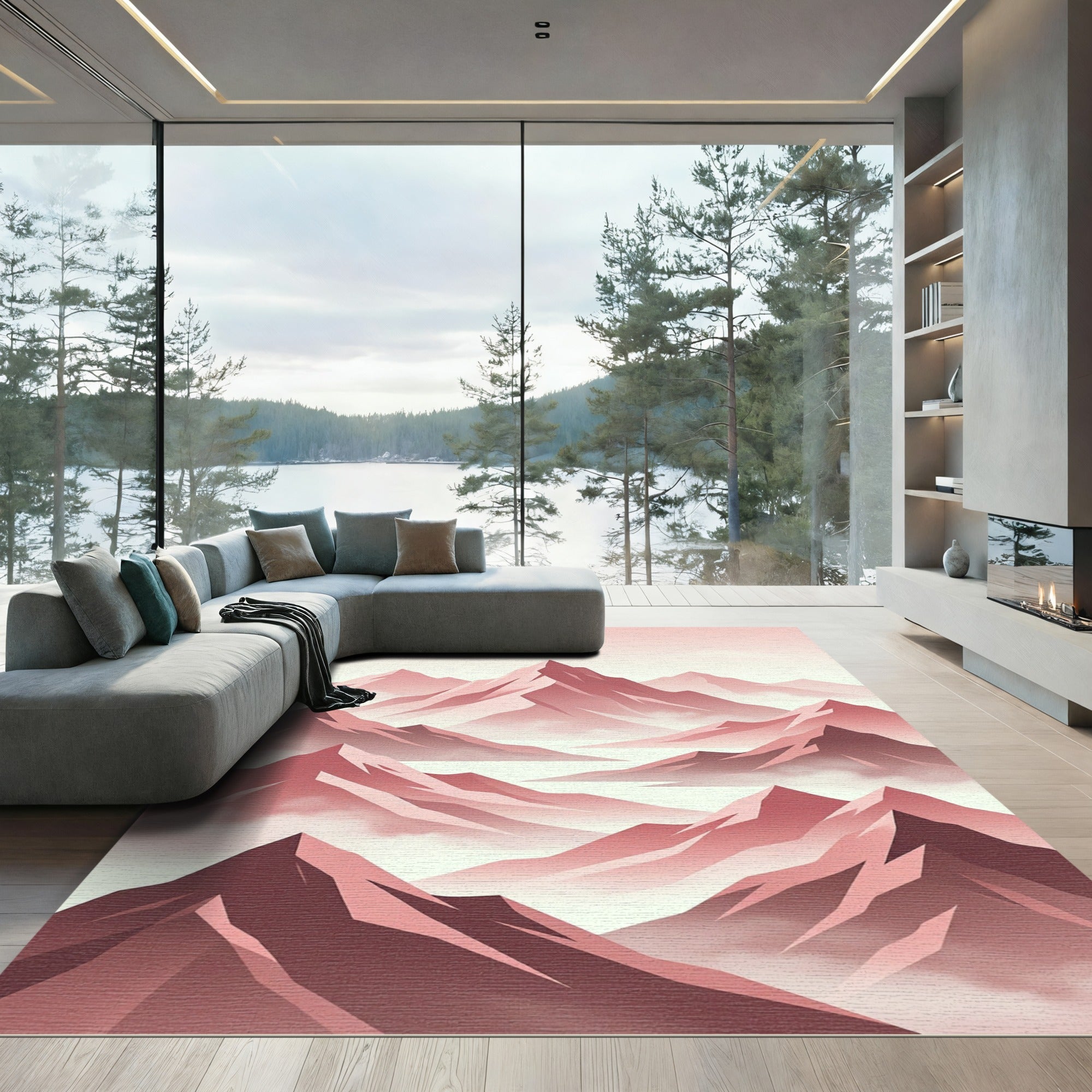 Minimalist Dusty Rose Mountain Landscape Rug