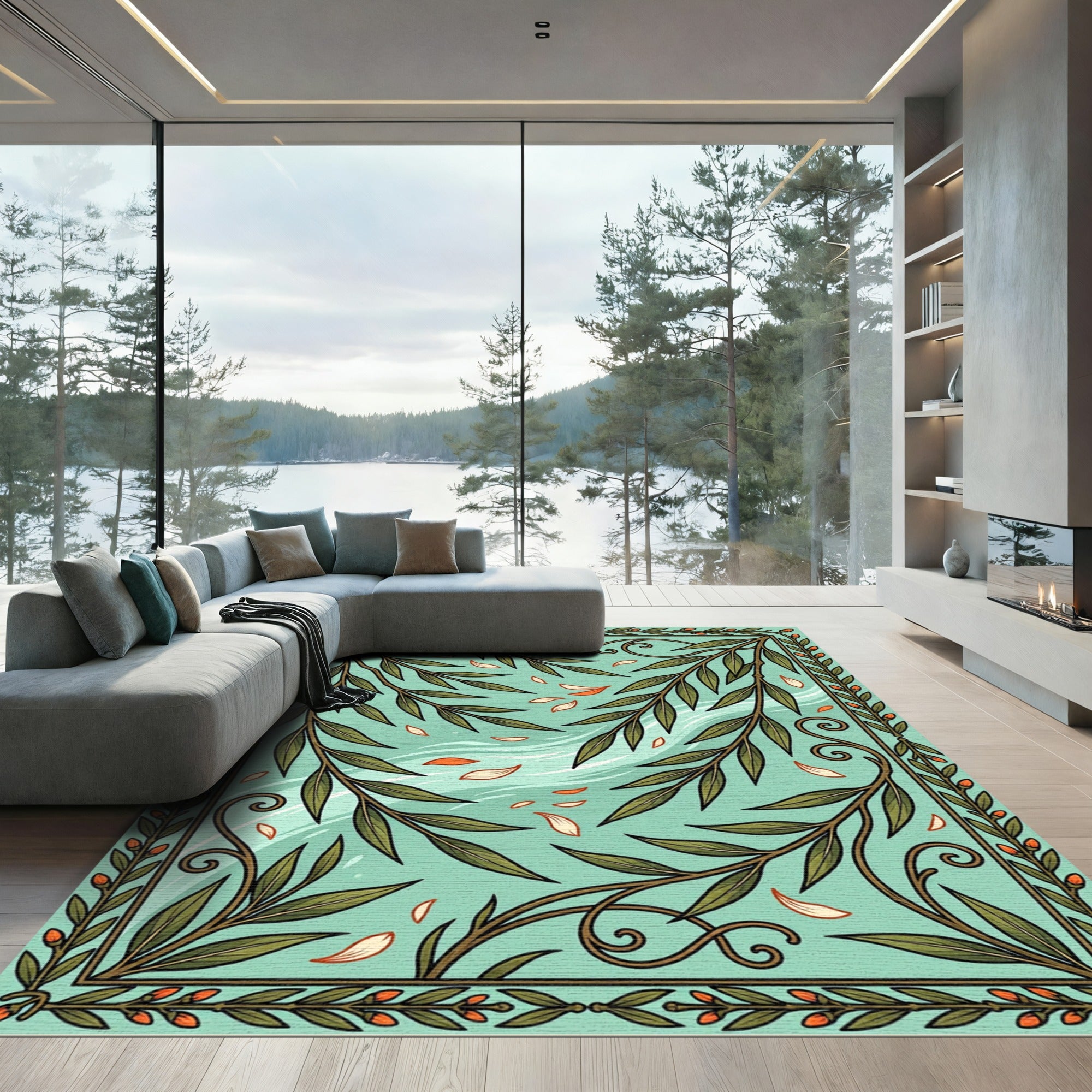 Willow Branch Botanical Art Nouveau Teal Rug