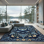 Ornate Navy Lotus Botanical Scroll Rug