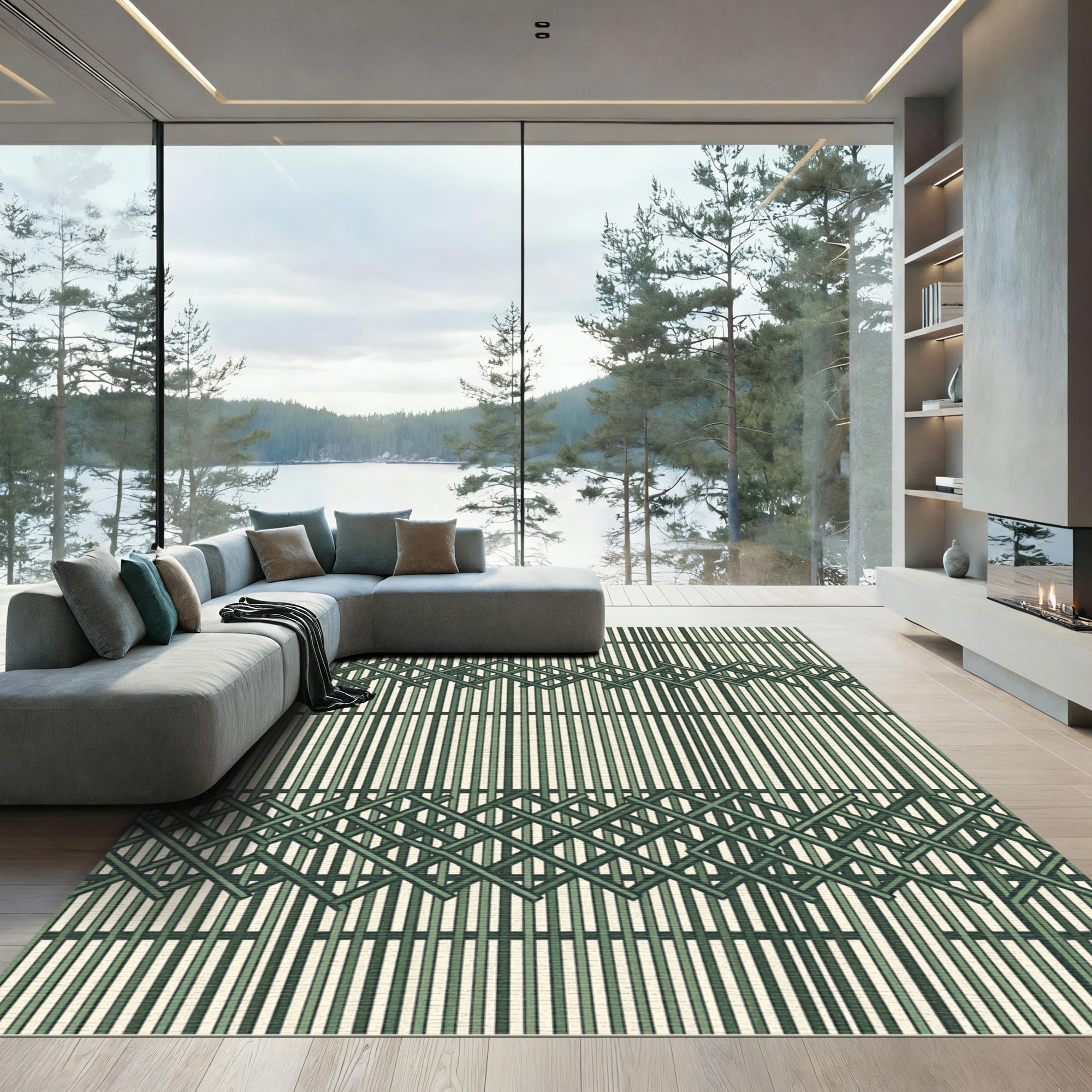 Green Bamboo Weave Stripe Rug
