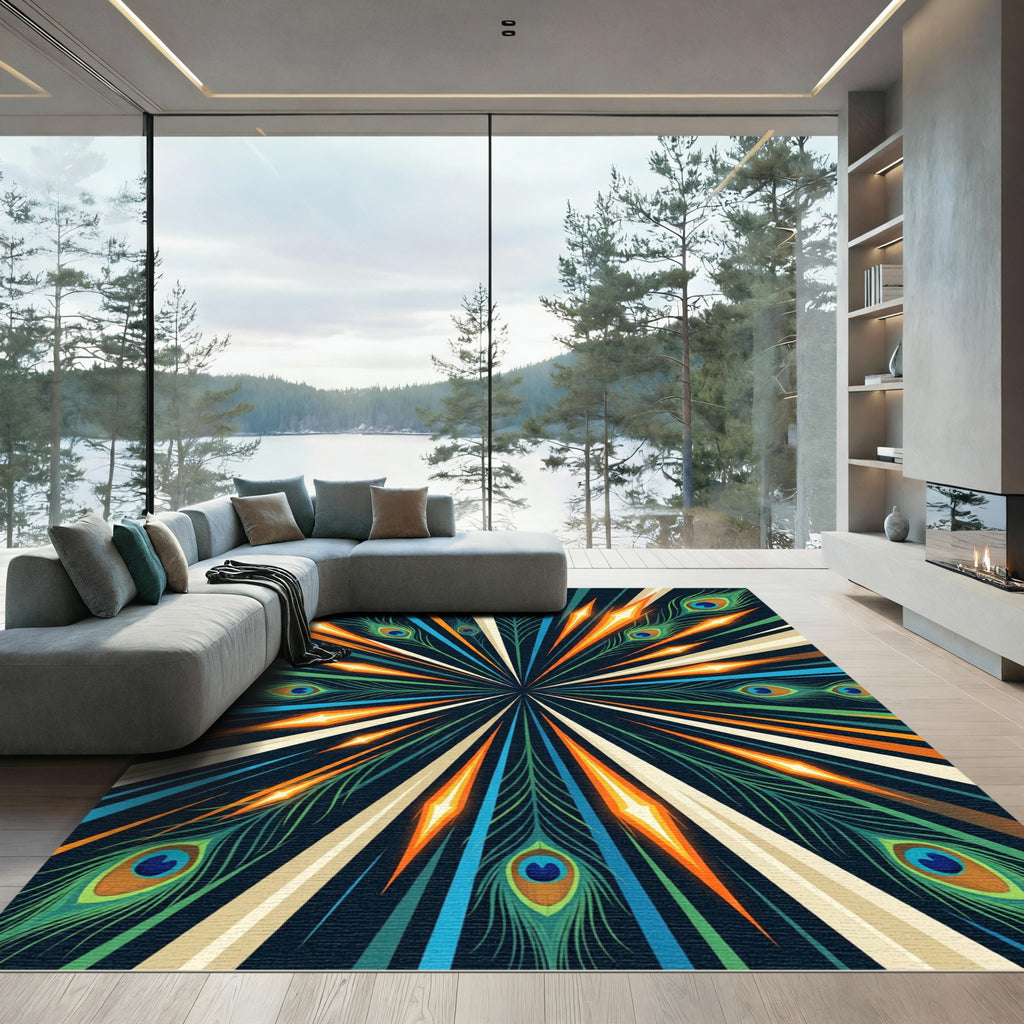 Radiant Peacock Feather Burst Medallion Rug