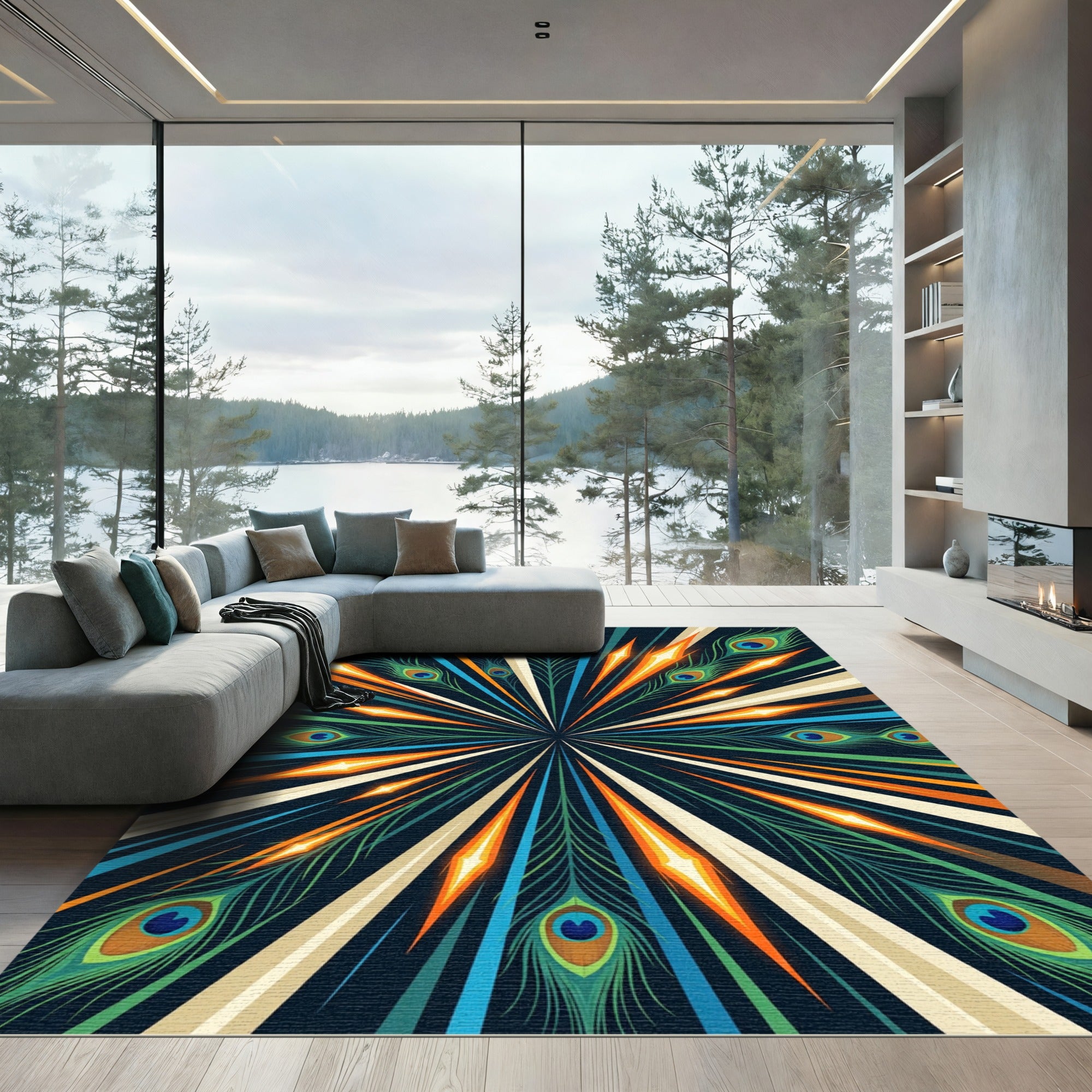 Radiant Peacock Feather Burst Medallion Rug