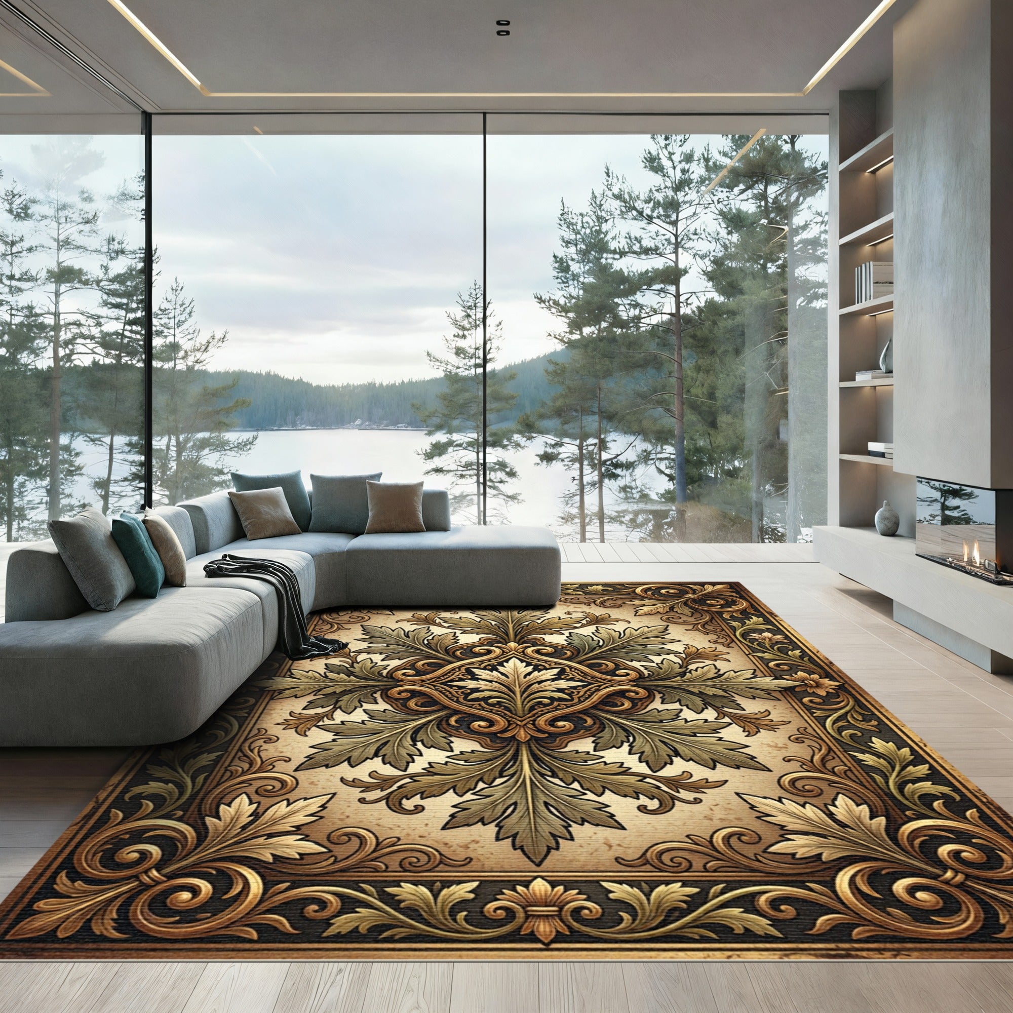 Ornate Gold Green Leaf Scroll Rug