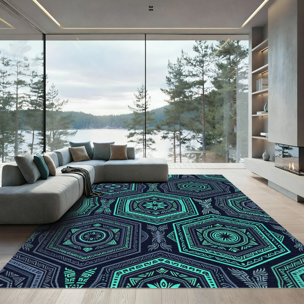 Teal Geometric Tribal Hexagons Rug