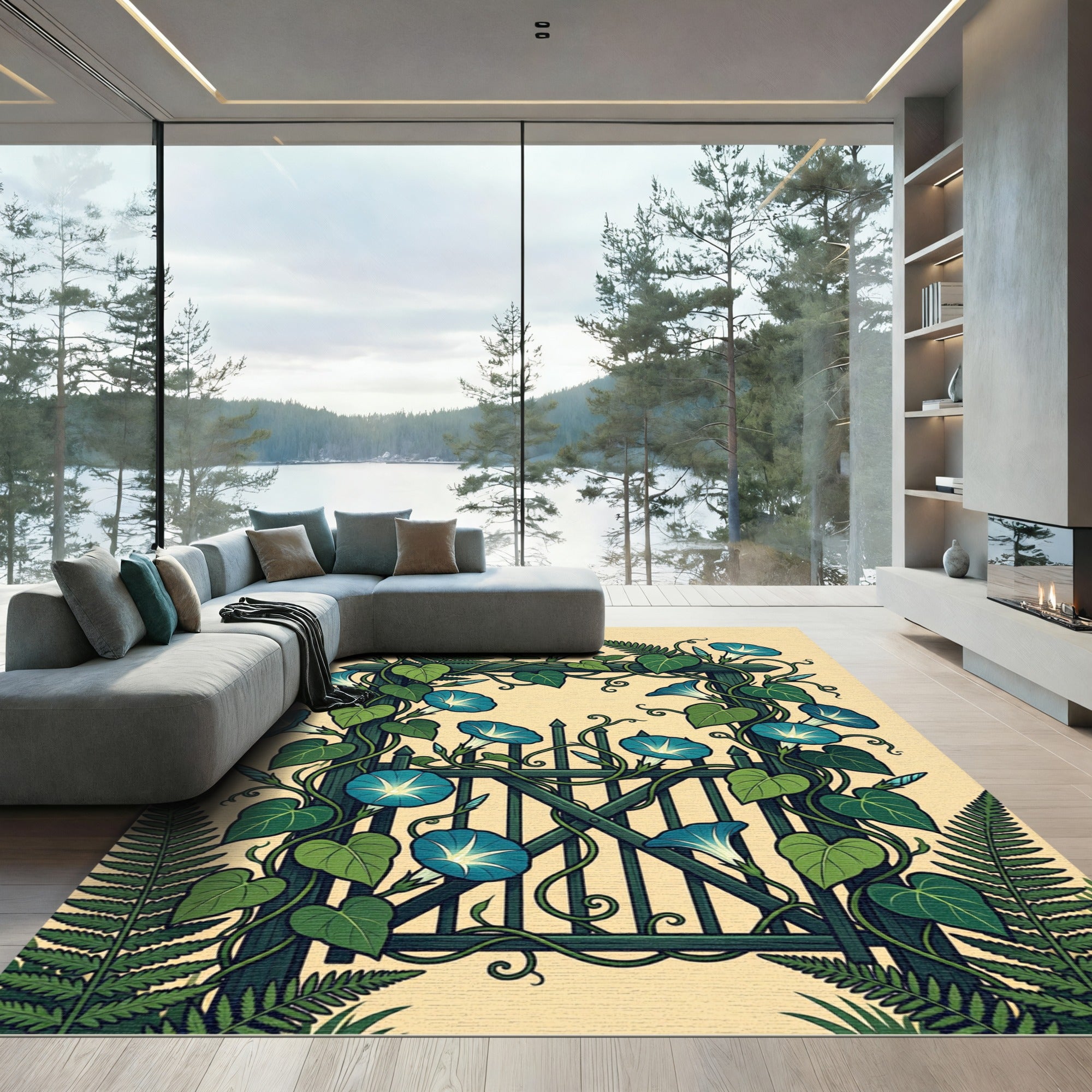 Blue Morning Glory Botanical Arch Rug