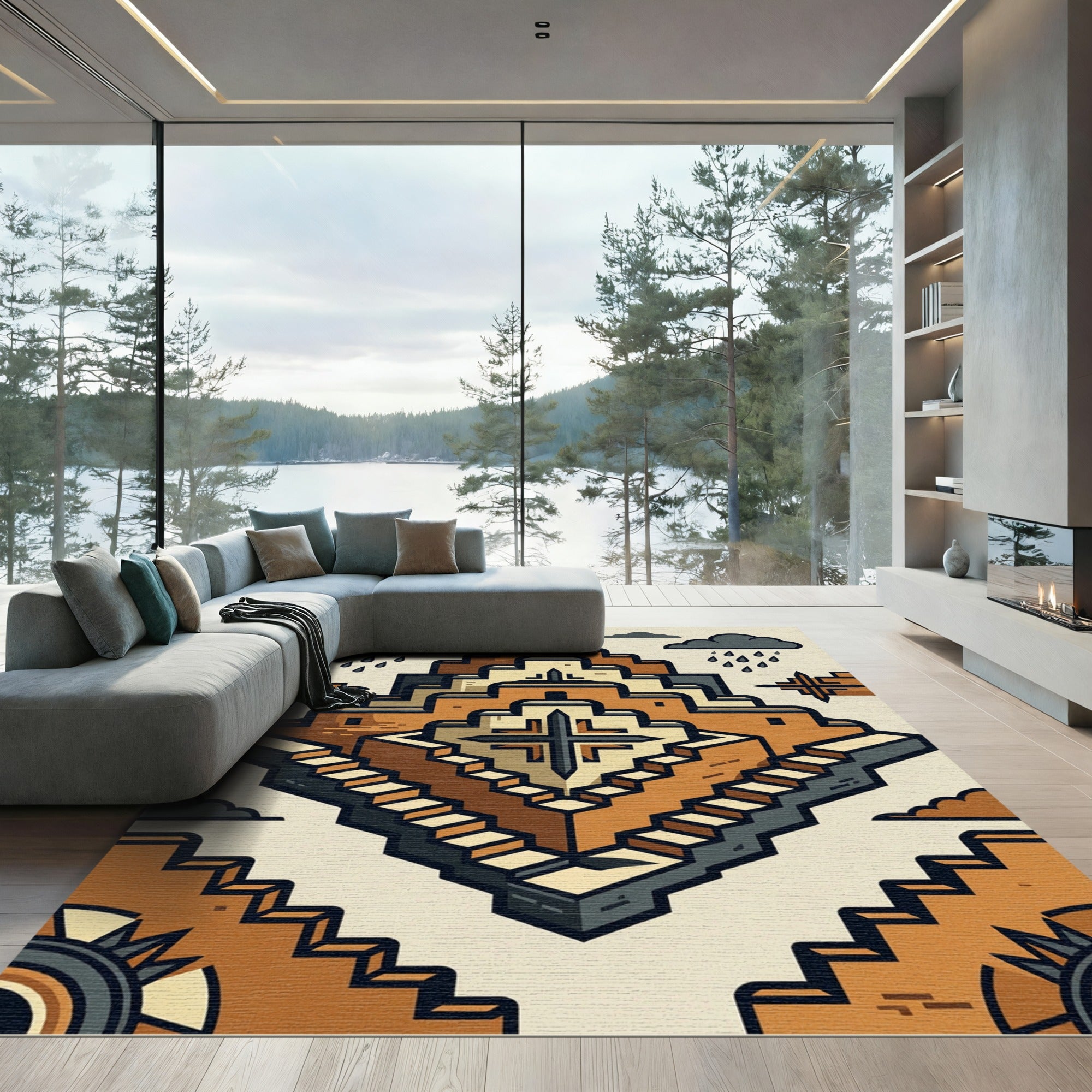 Terracotta Geometric Step Pyramid Abstract Rug