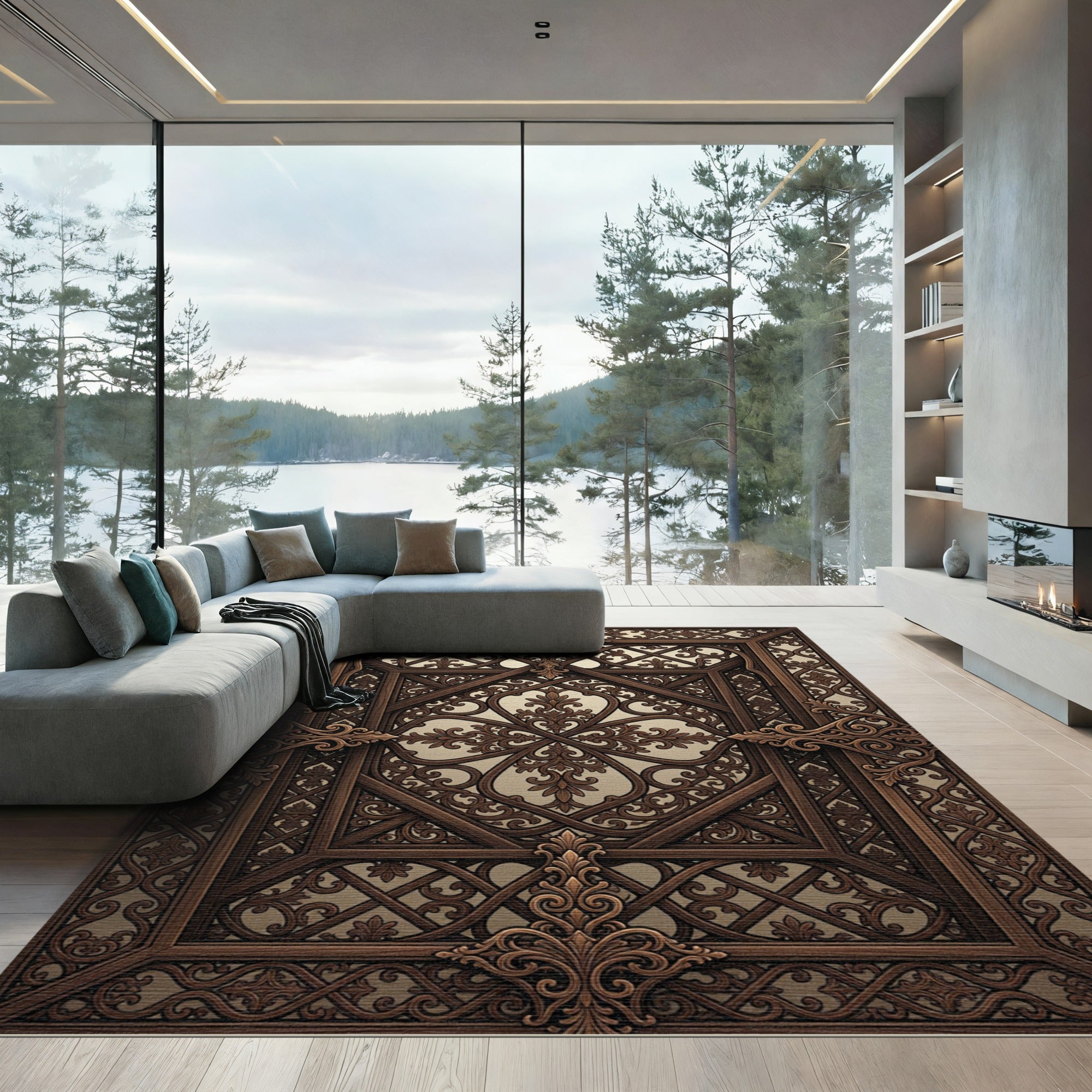 Dark Brown Ornamental Arabesque Scroll Rug
