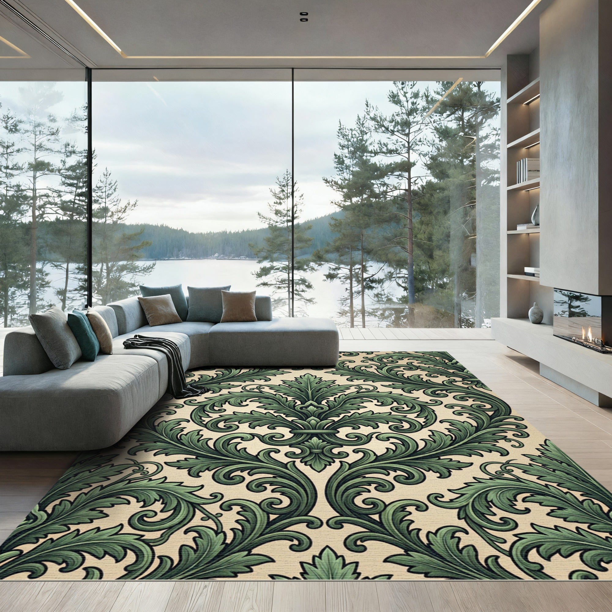 Emerald Green Damask Acanthus Scroll Rug