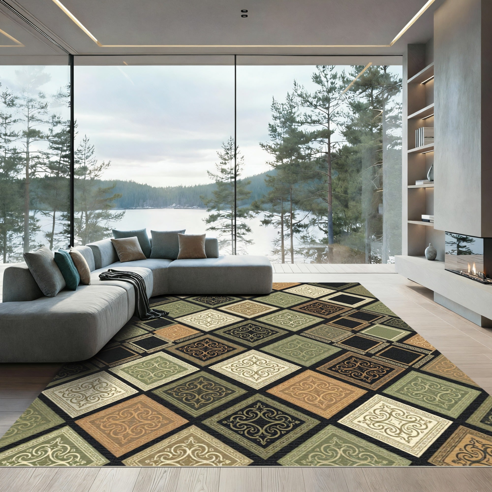 Ornate Earthy Geometric Damask Grid Rug