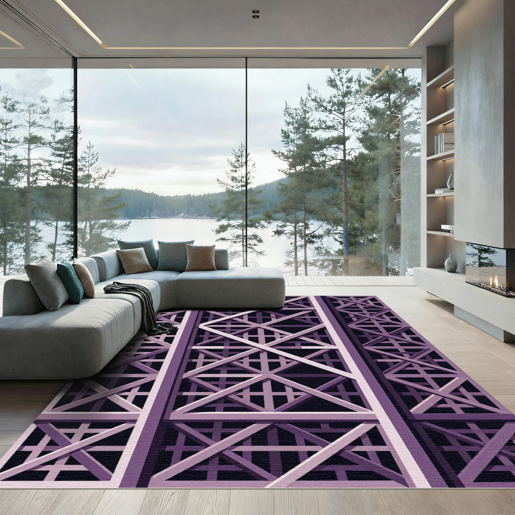 Geometric Lavender Structural Grid Art Rug