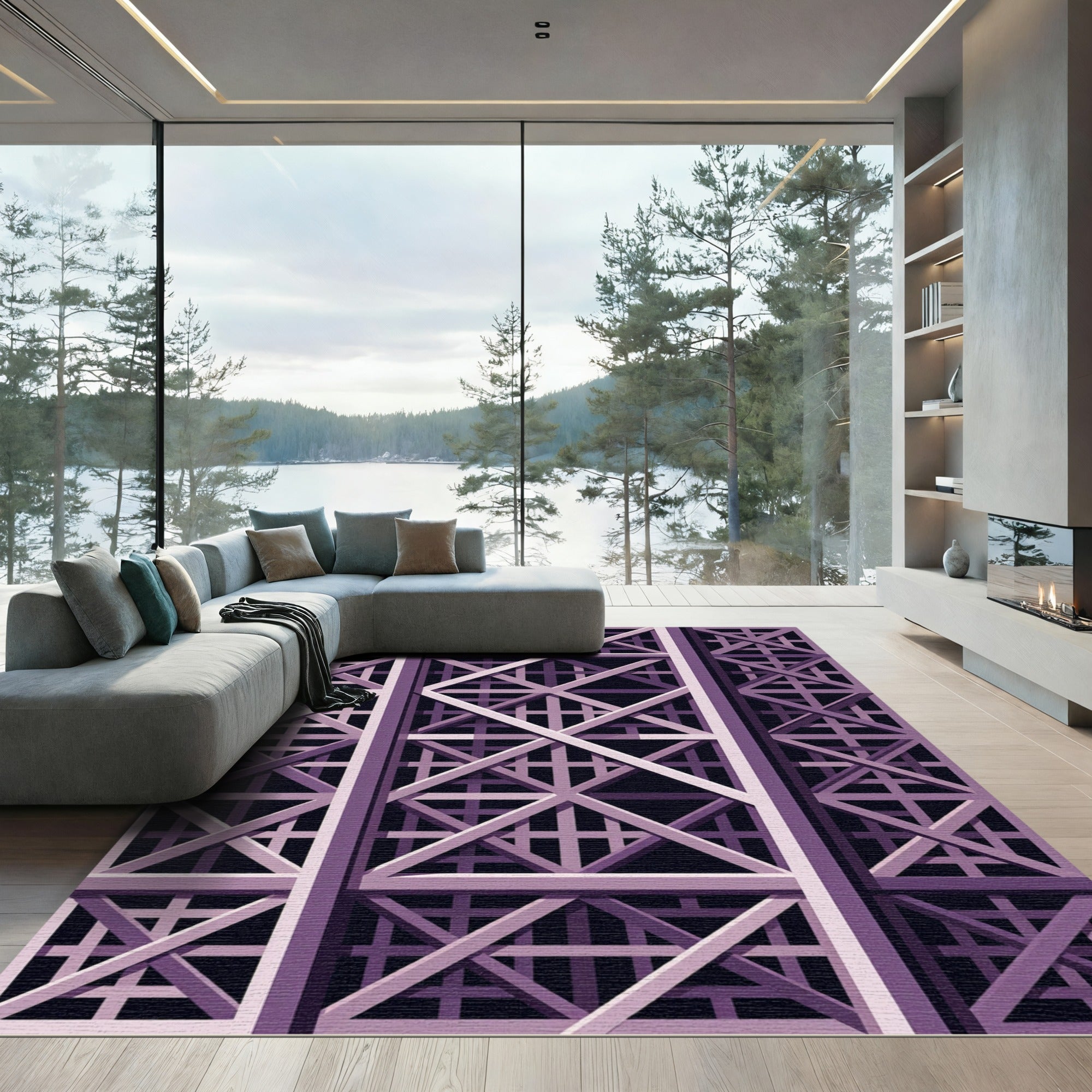 Geometric Lavender Structural Grid Art Rug
