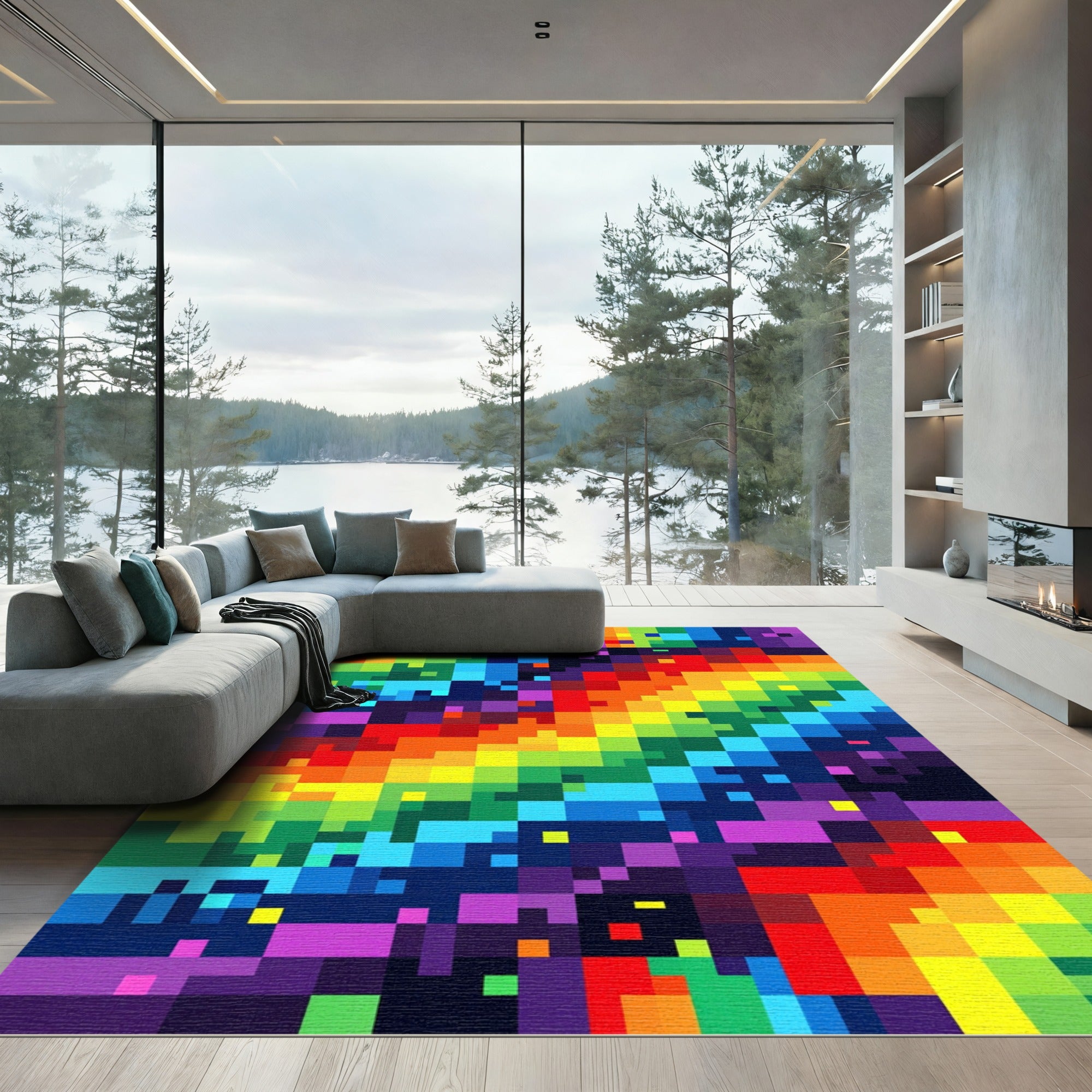 Vibrant Rainbow Pixel Art Abstract Rug