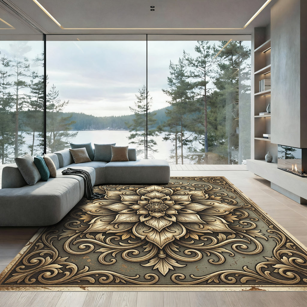Vintage Ornate Golden Floral Damask Rug