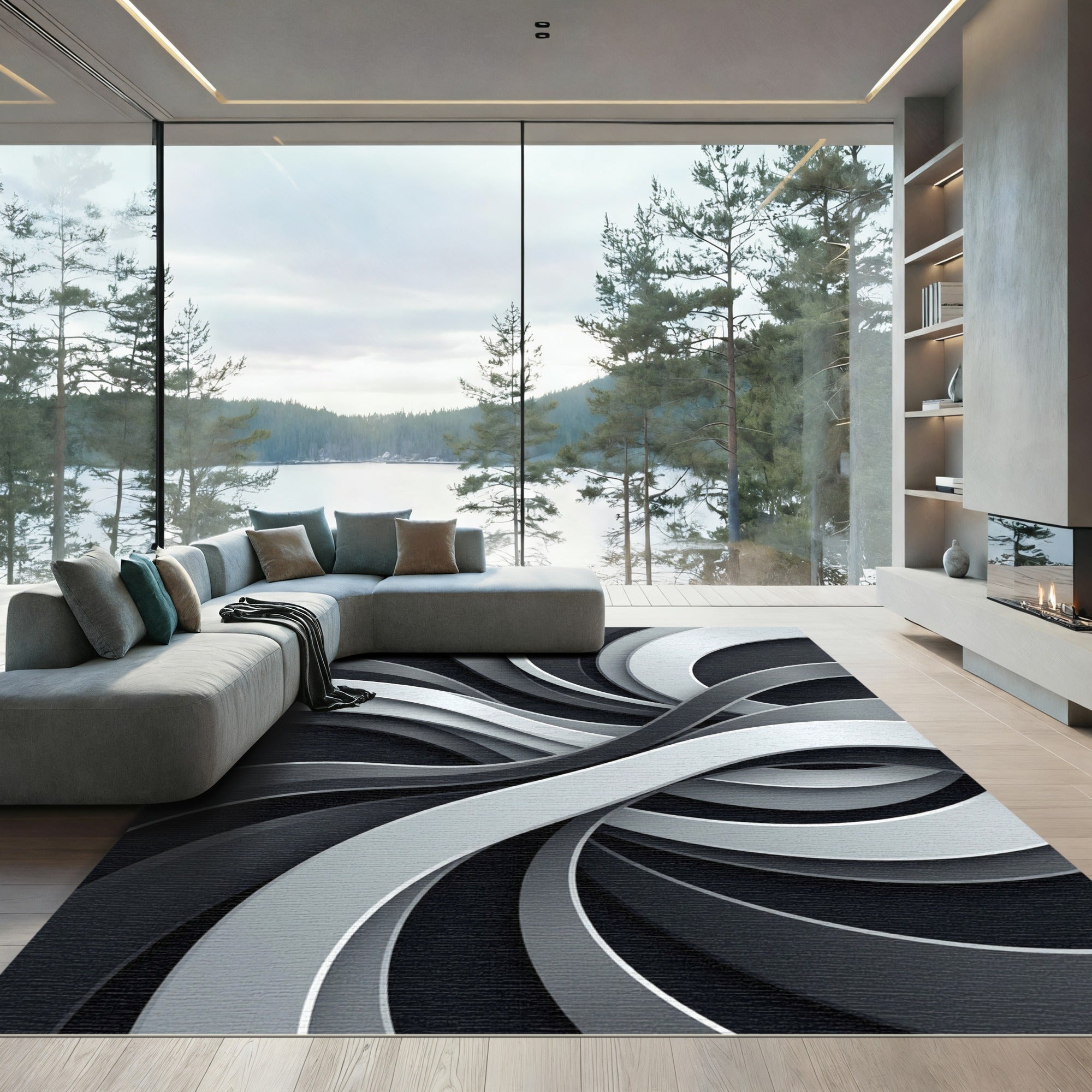 Modern Monochrome Swirling Abstract Flow Rug