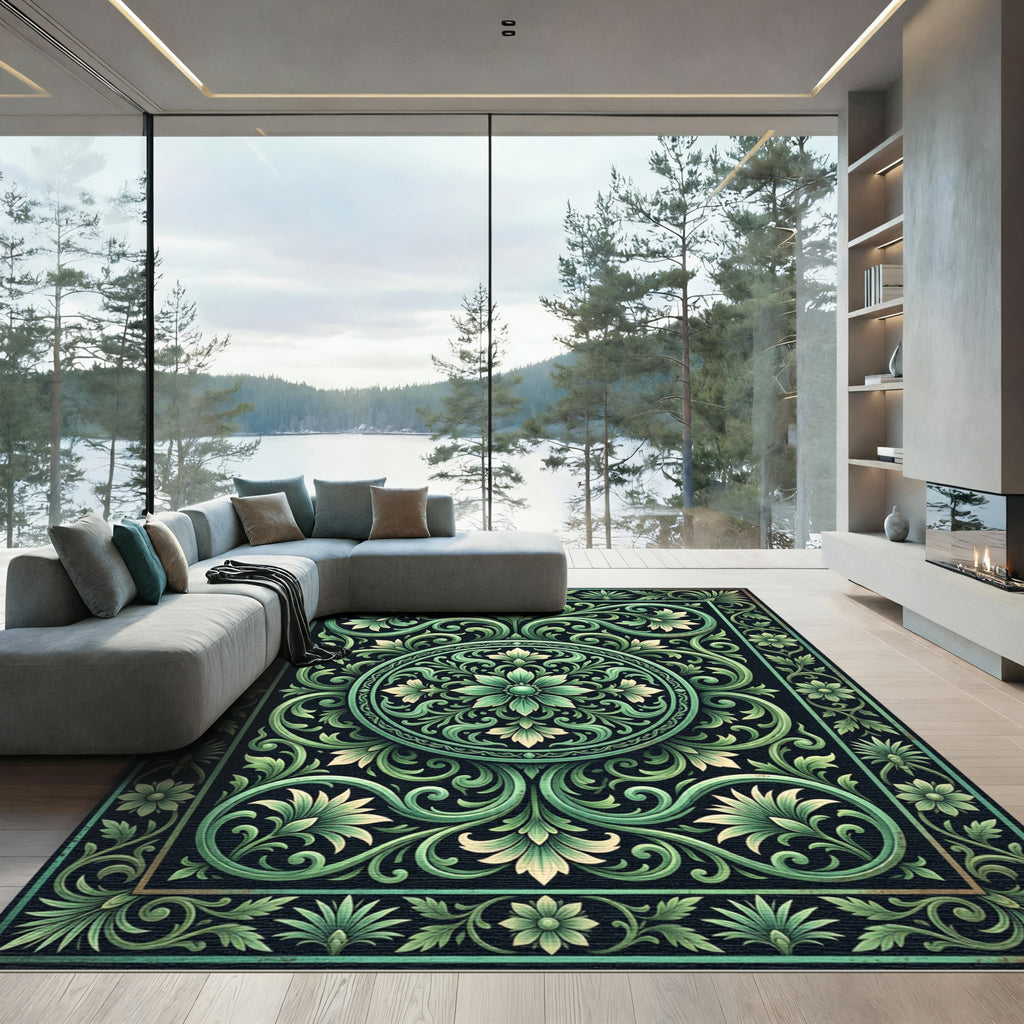 Ornate Green Leaf Scrollwork Rug