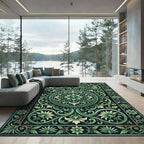 Ornate Green Leaf Scrollwork Rug