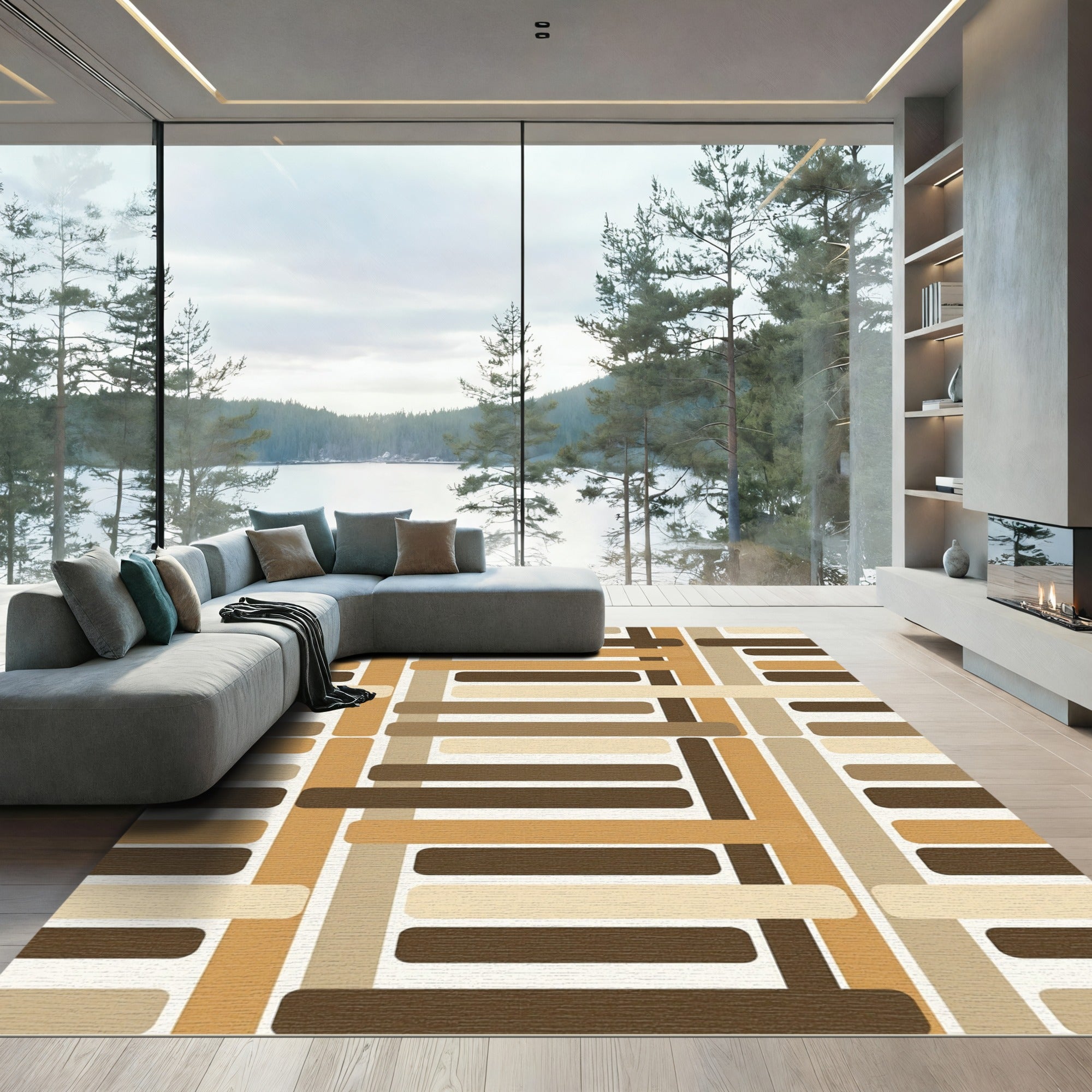 Warm Earthy Tone Rectangular Grid Rug