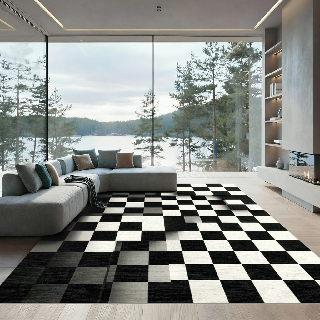 Monochrome Three-dimensional Geometric Checkered Art Rug
