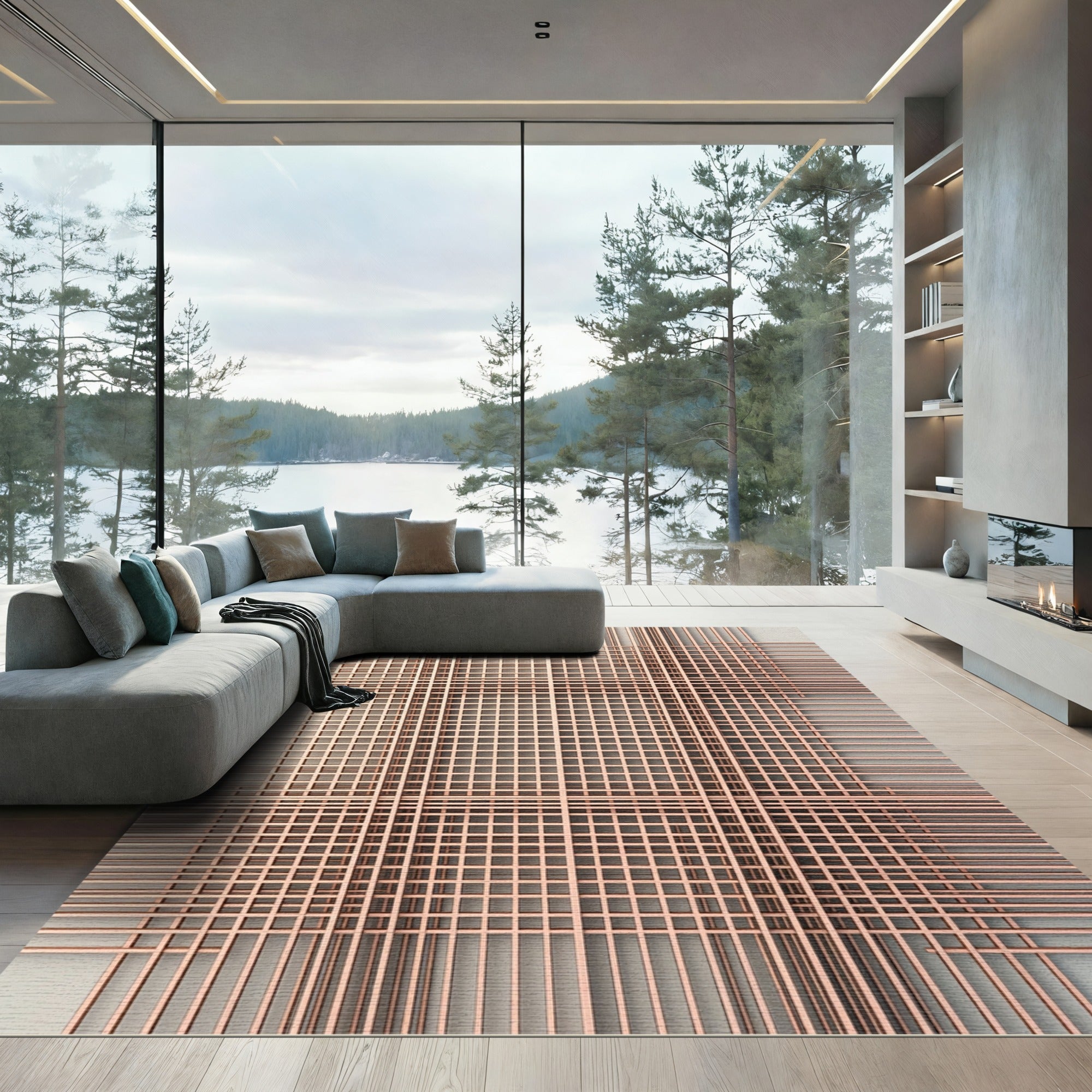 Copper Geometric Grid Intersecting Lines Rug