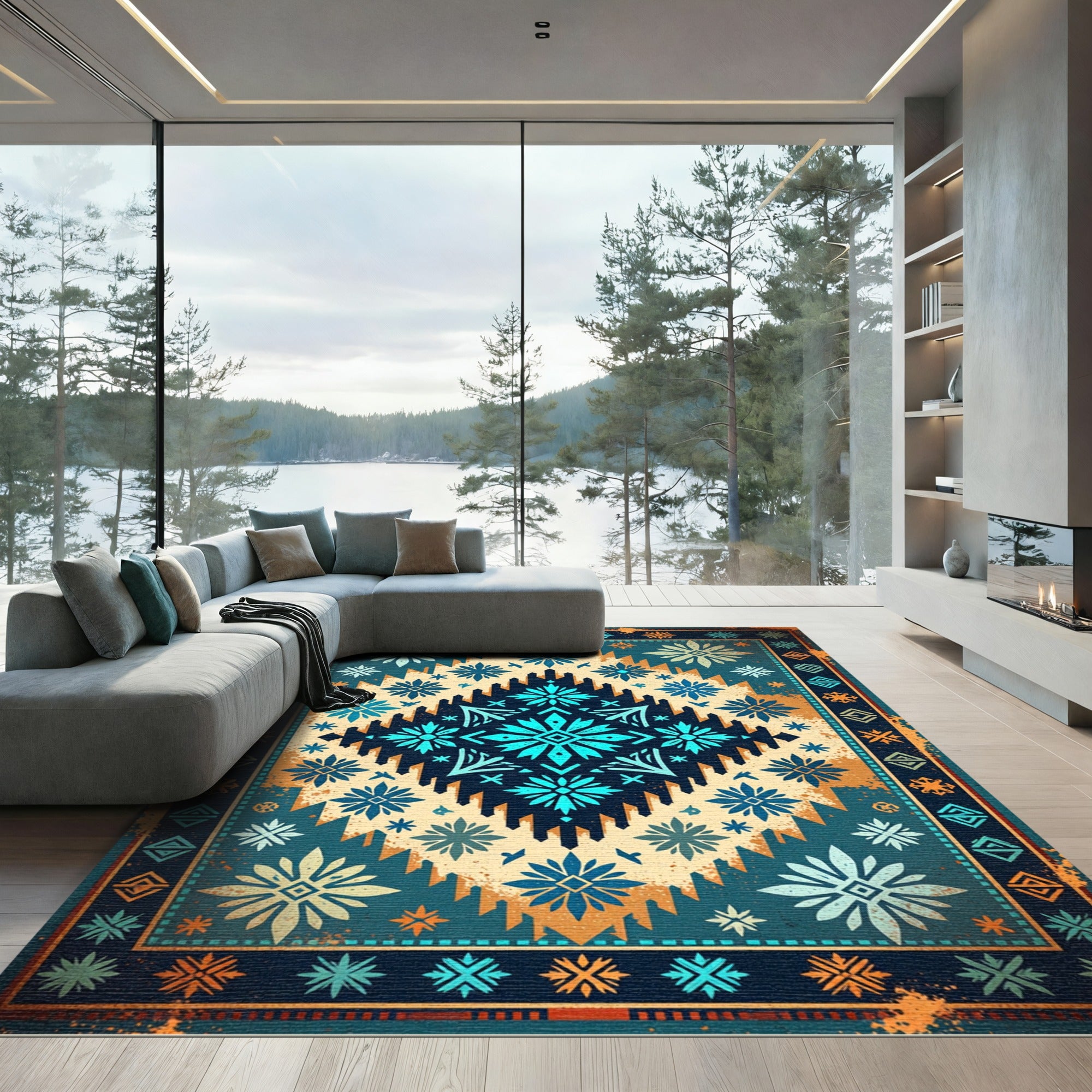 Teal Blue Geometric Floral Diamond Rug