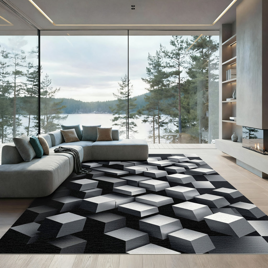 Monochromatic Isometric Gray Block Grid Rug