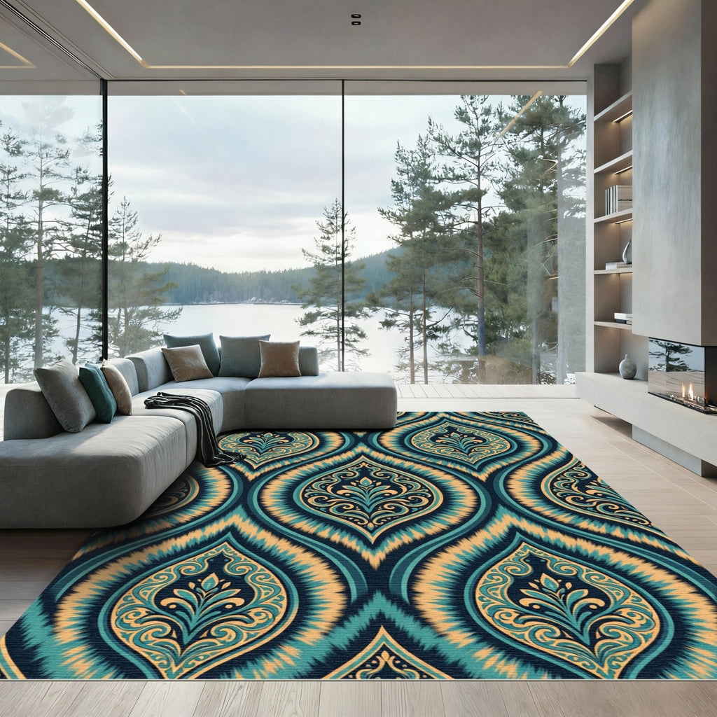 Teal Gold Damask Swirl Medallion Rug
