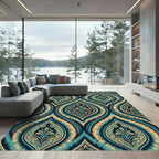 Teal Gold Damask Swirl Medallion Rug