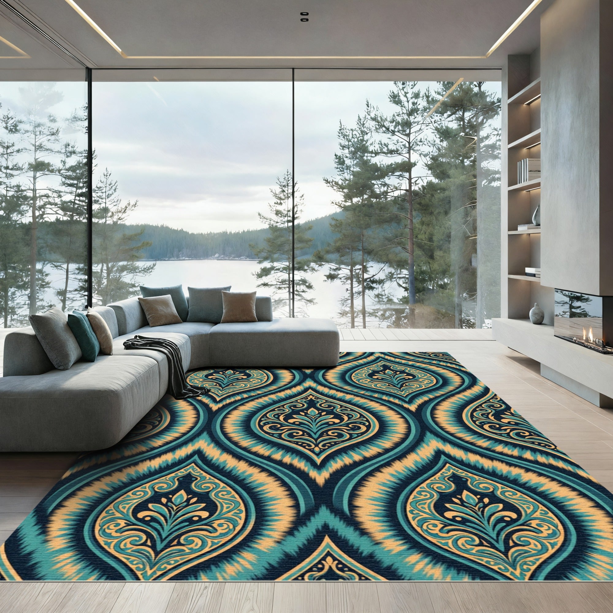 Teal Gold Damask Swirl Medallion Rug