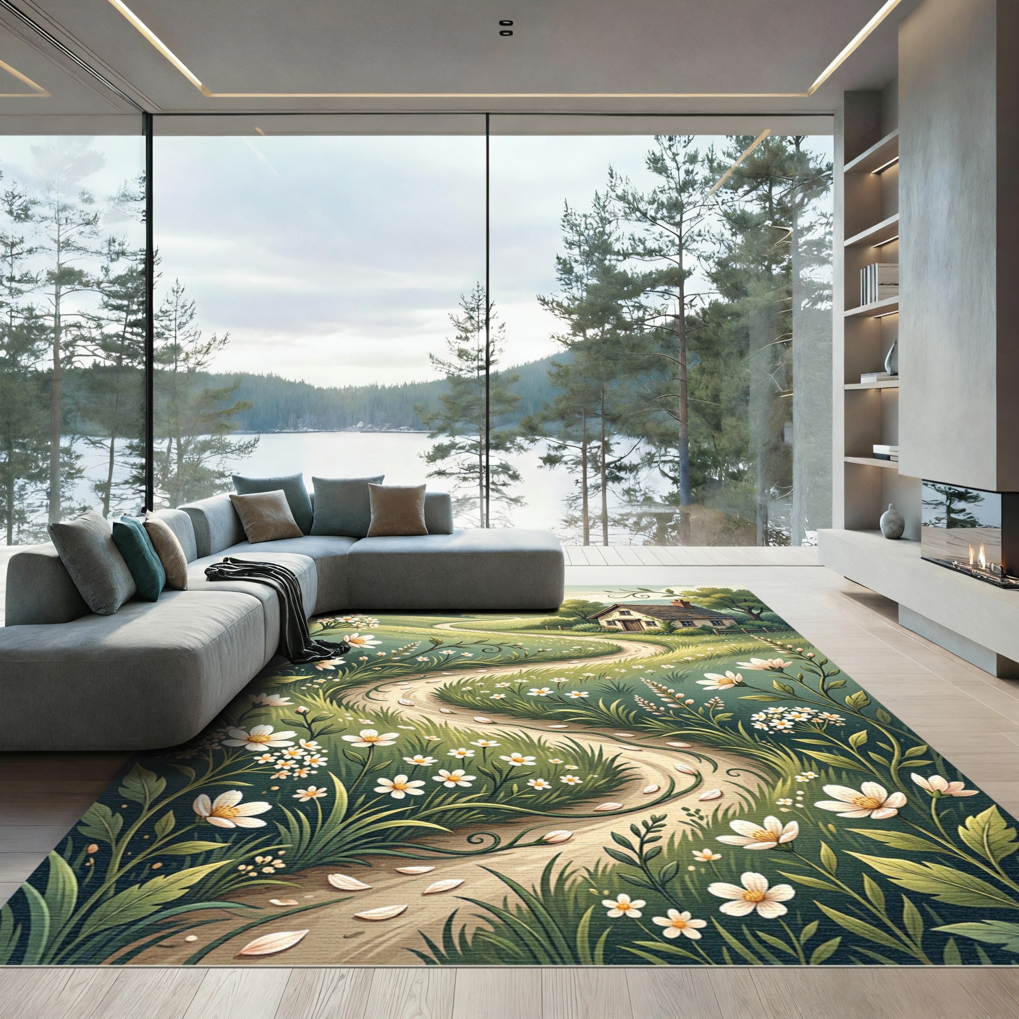 Whimsical Meadow Cottage Wildflower Landscape Rug