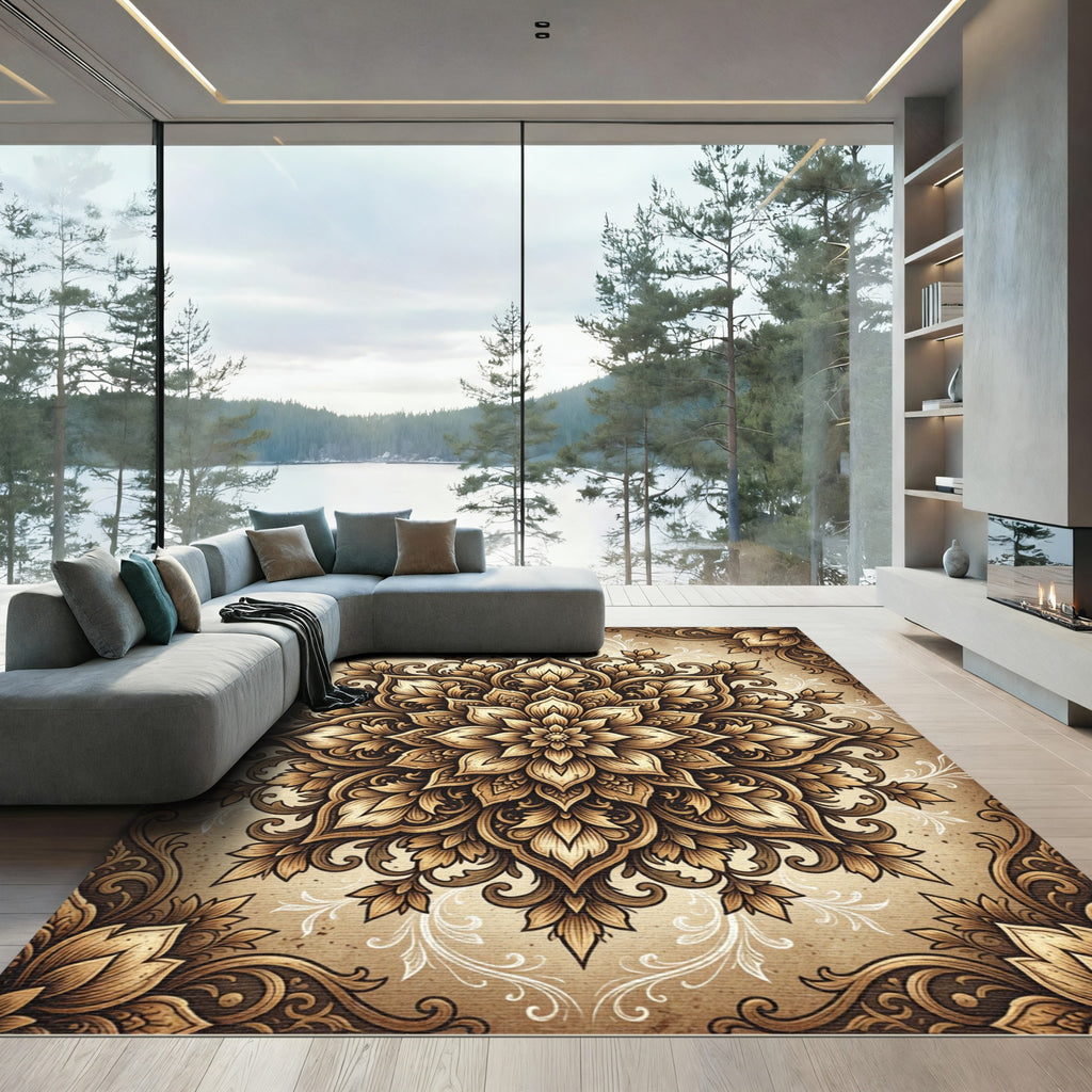Elegant Golden Floral Medallion Scroll Rug