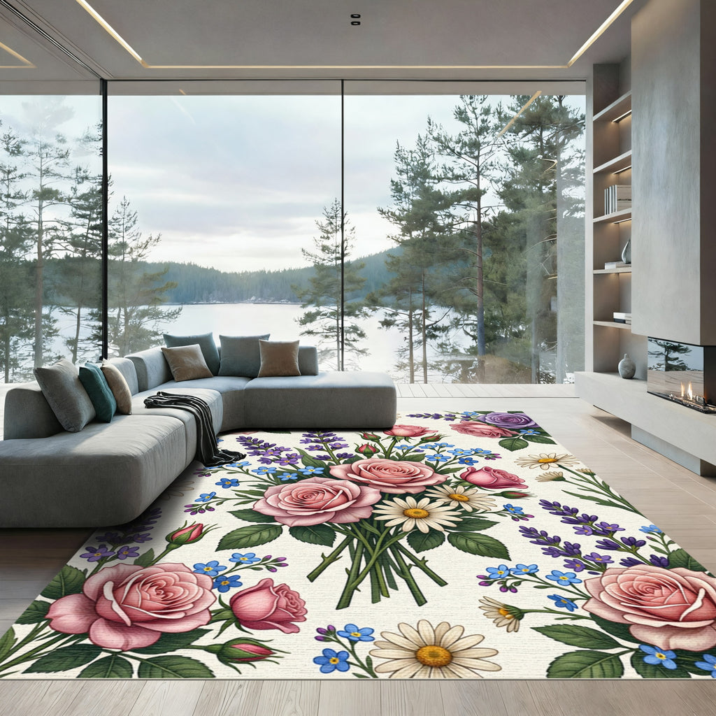 Romantic Pink Rose Daisy Floral Bouquet Rug