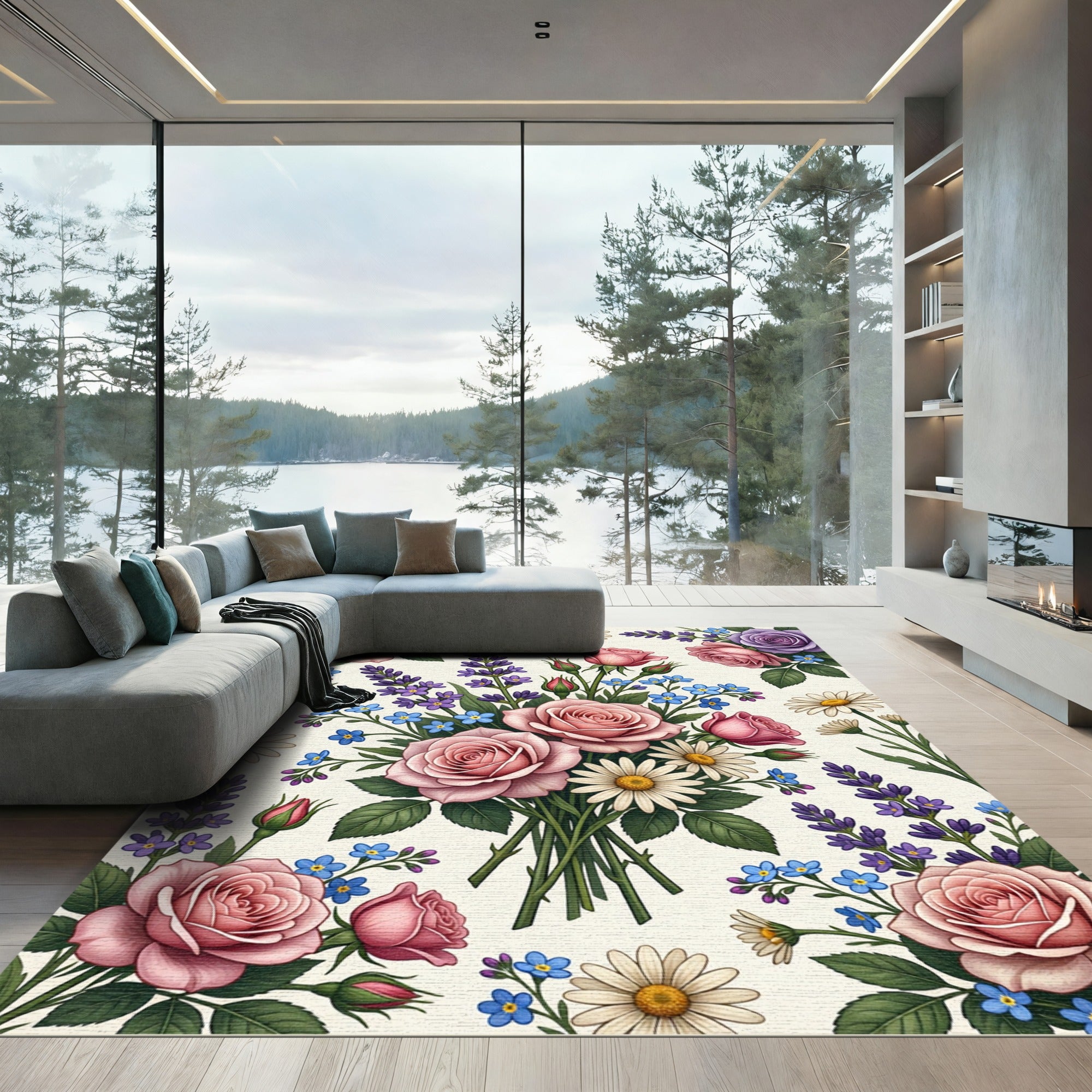 Romantic Pink Rose Daisy Floral Bouquet Rug