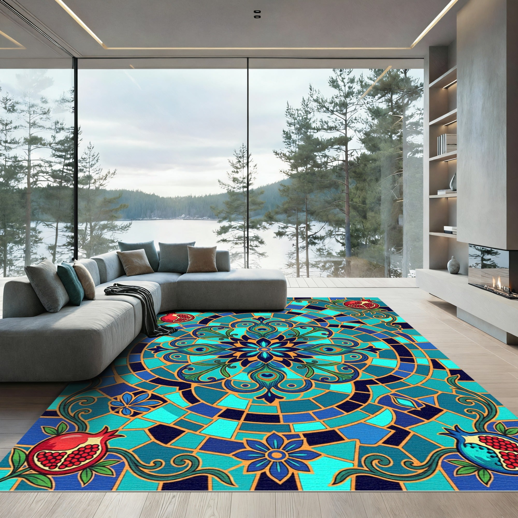 Ocean Blue Pomegranate Peacock Medallion Rug
