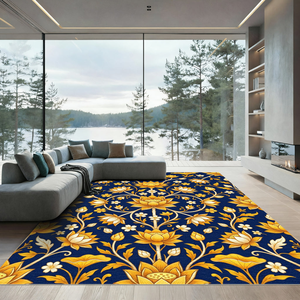 Ornate Gold Lotus Floral Navy Rug