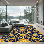 Ornate Gold Lotus Floral Navy Rug