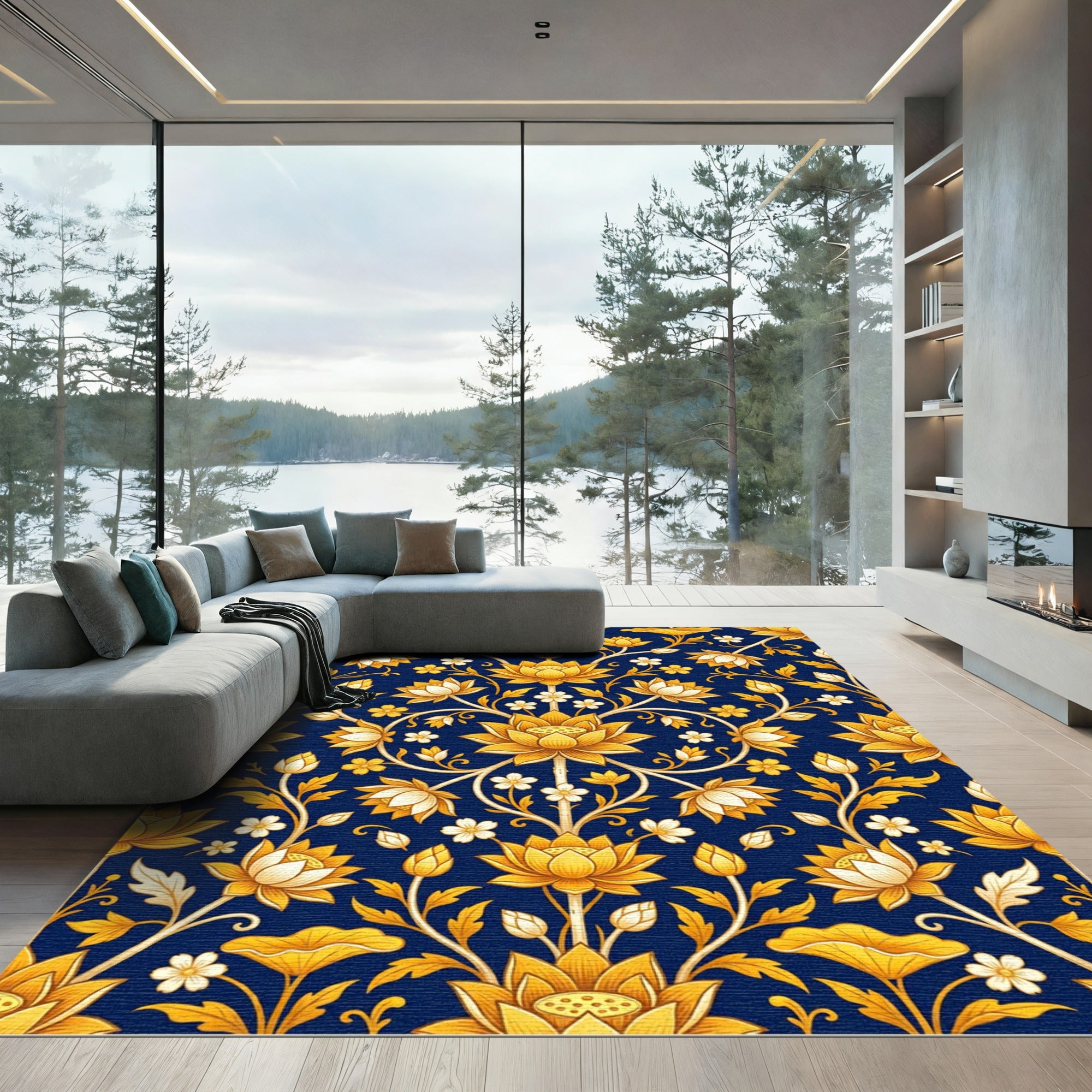 Ornate Gold Lotus Floral Navy Rug