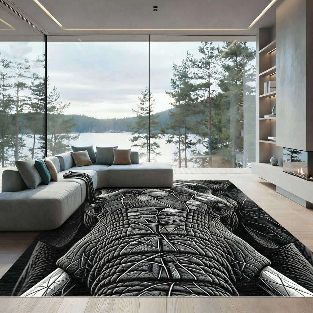 Striking Monochrome Geometric Elephant Portrait Rug