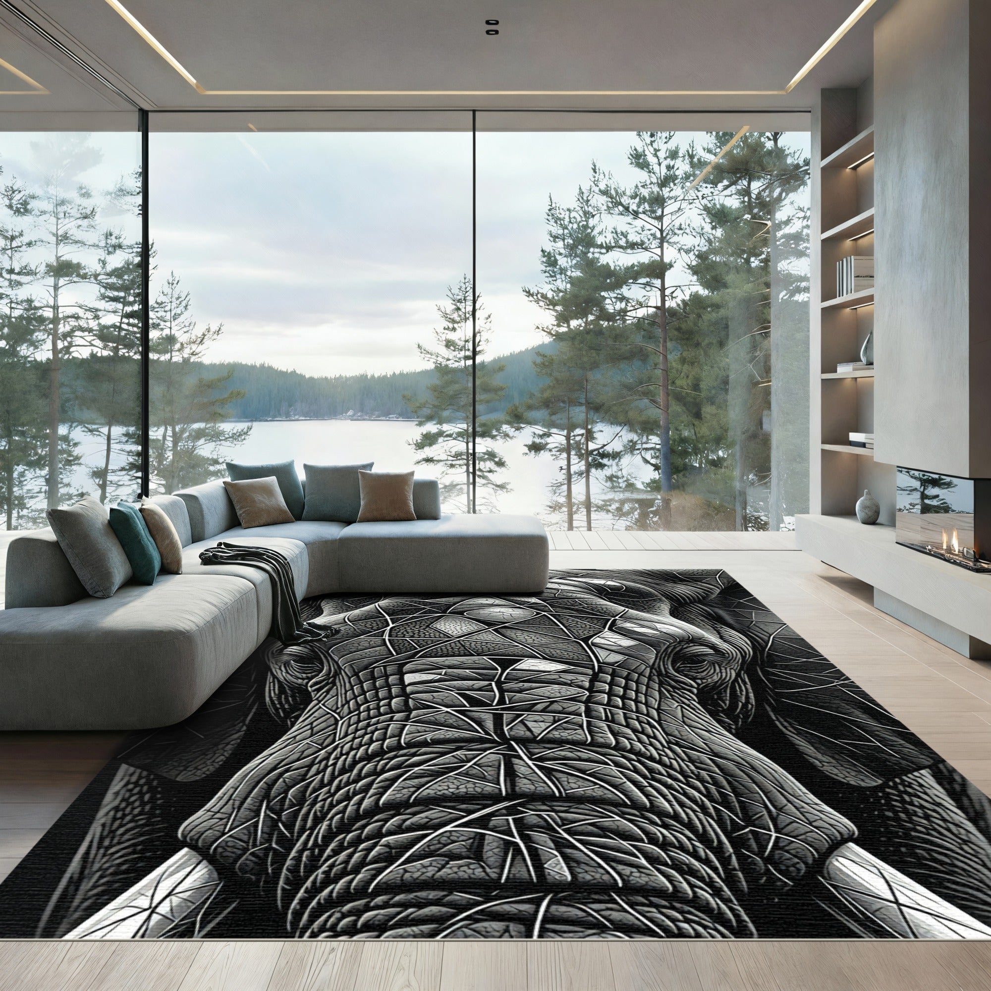 Striking Monochrome Geometric Elephant Portrait Rug