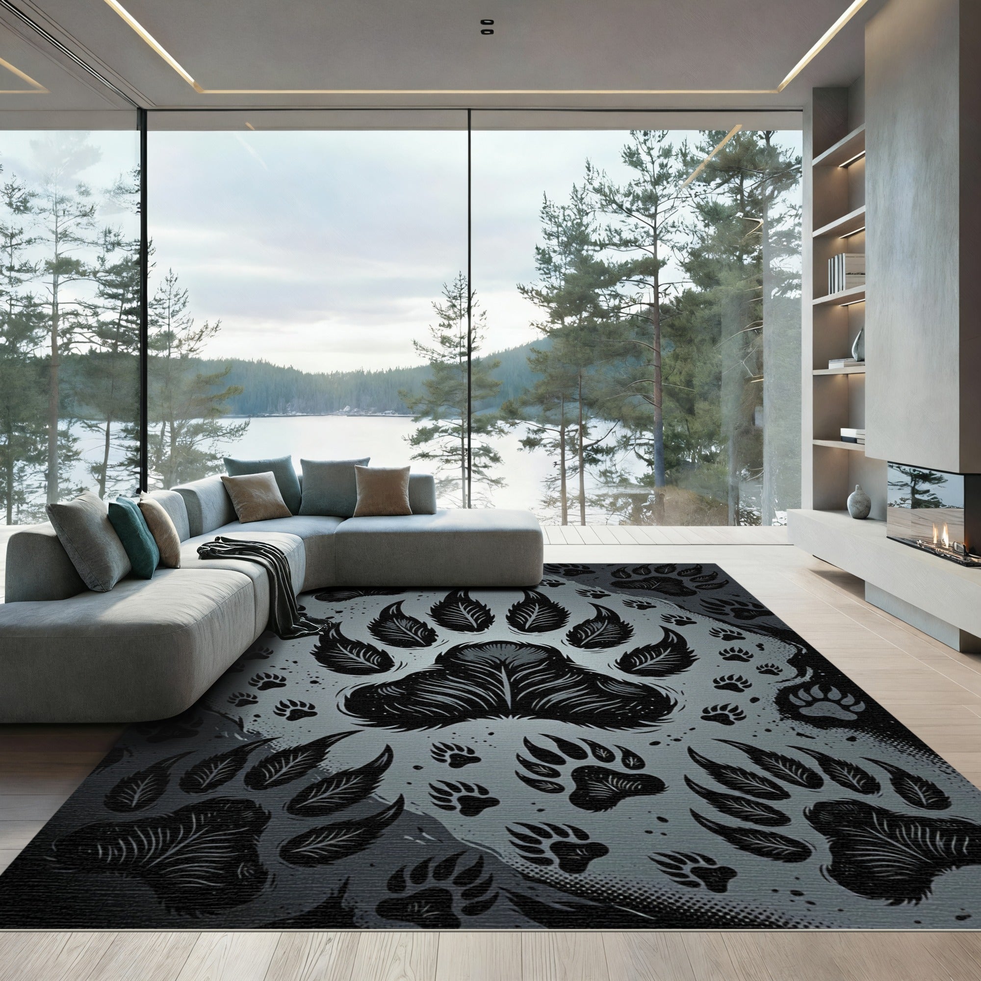 Monochromatic Paw Print Wildlife Collage Rug