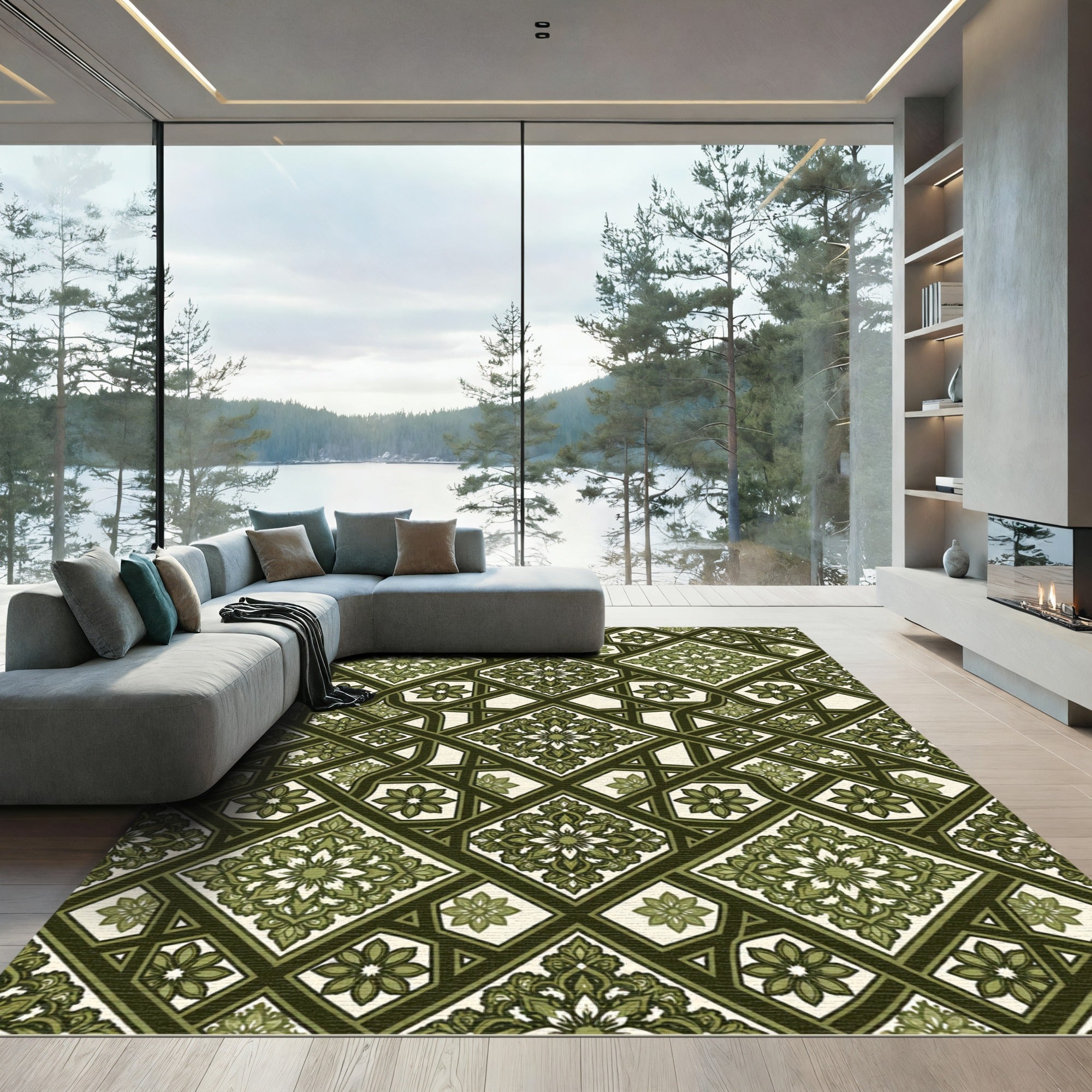 Intricate Forest Green Geometric Floral Tile Rug