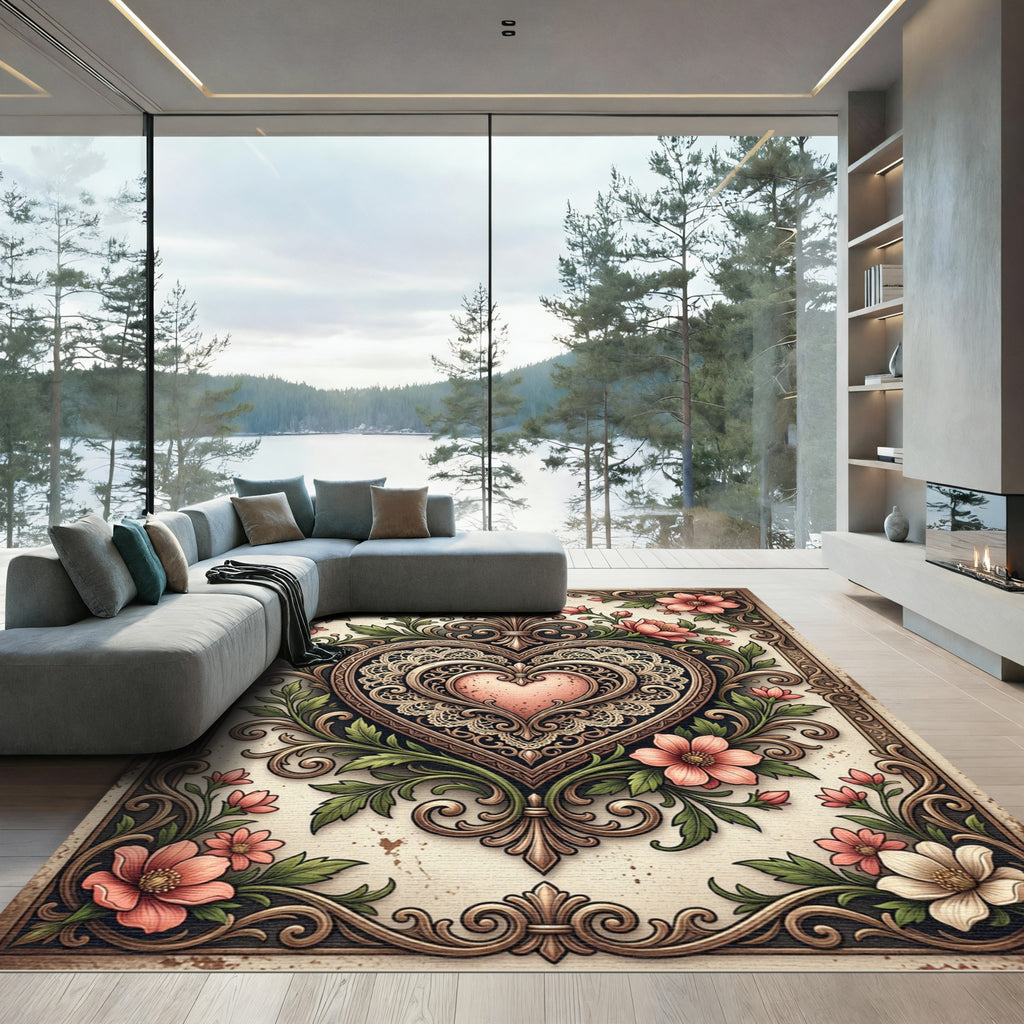 Ornate Pink Heart Floral Scroll Rug