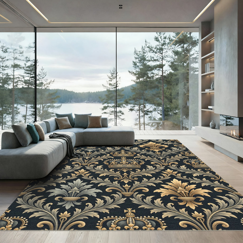 Ornate Gold Royal Crown Damask Rug