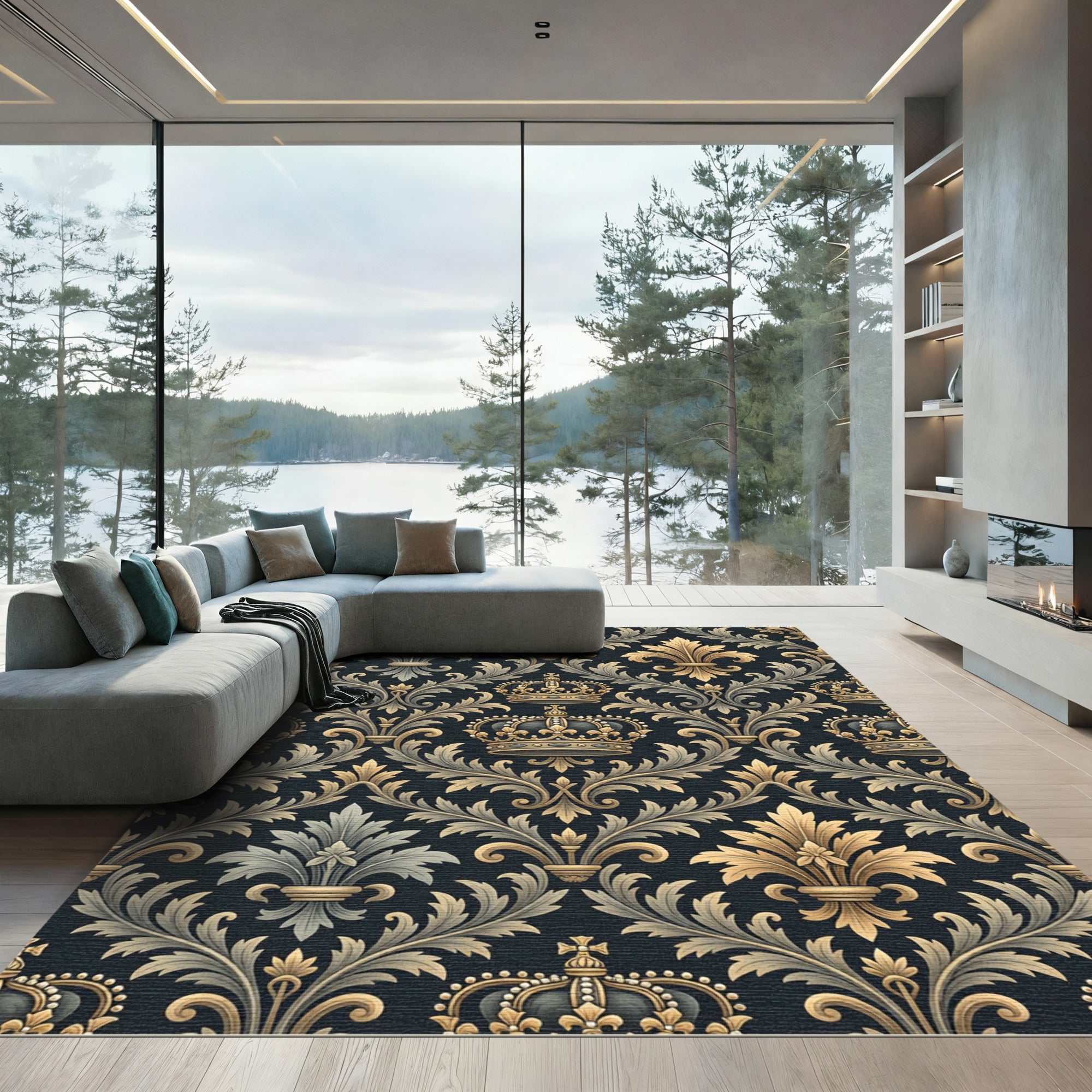 Ornate Gold Royal Crown Damask Rug