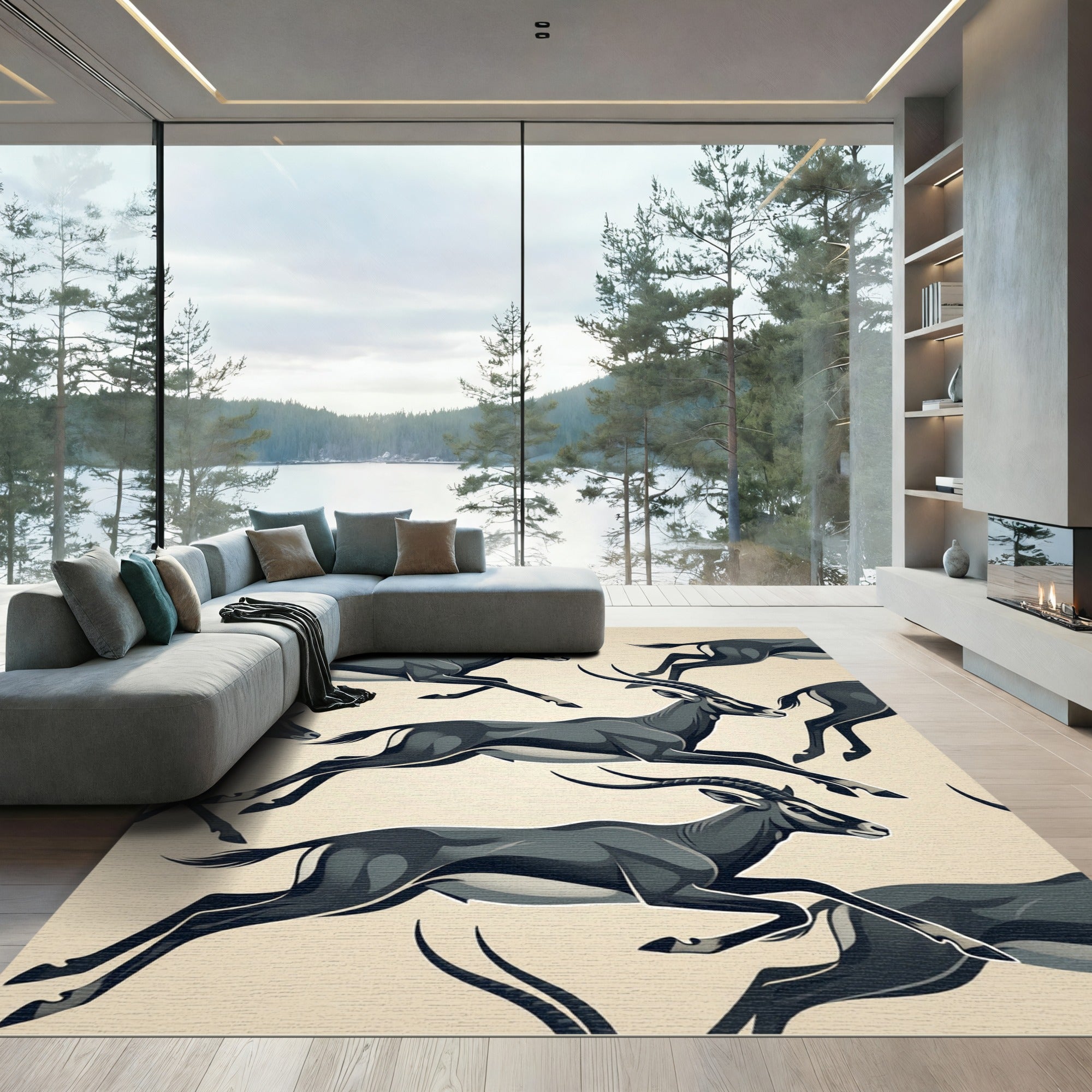 Running Slate Gray Gazelle Herd Rug