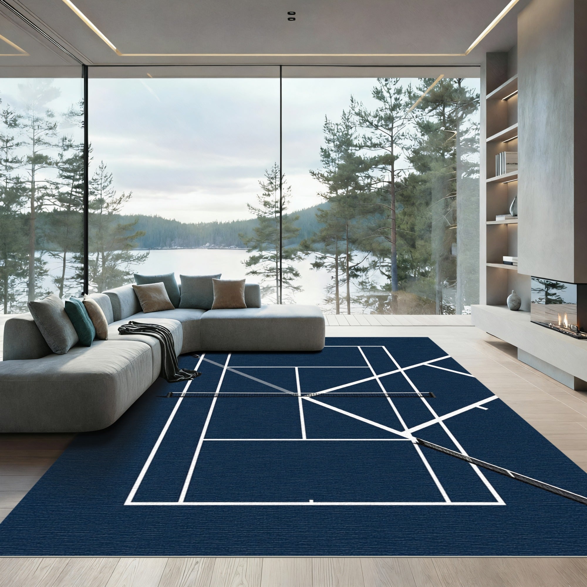 Minimalist Navy Tennis Court Graphic Rug