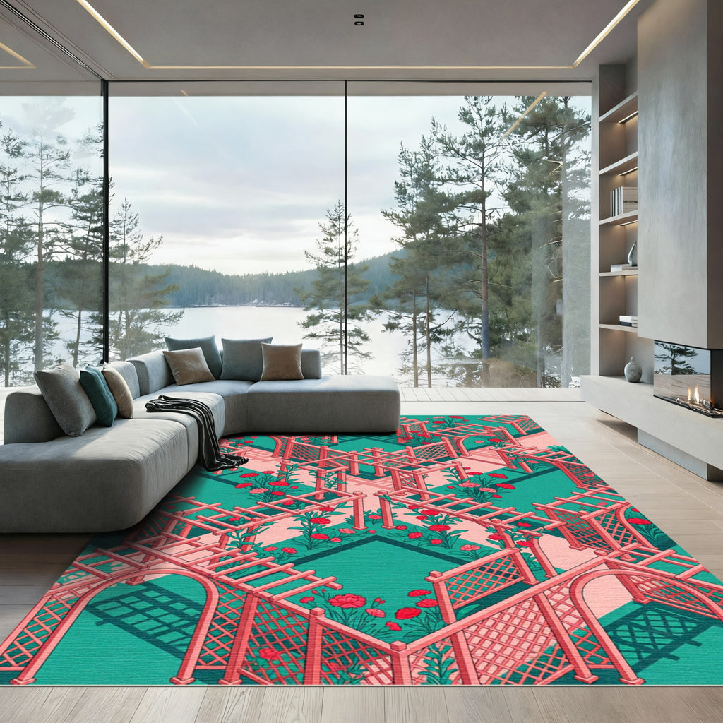 Isometric Pink Floral Lattice Garden Rug