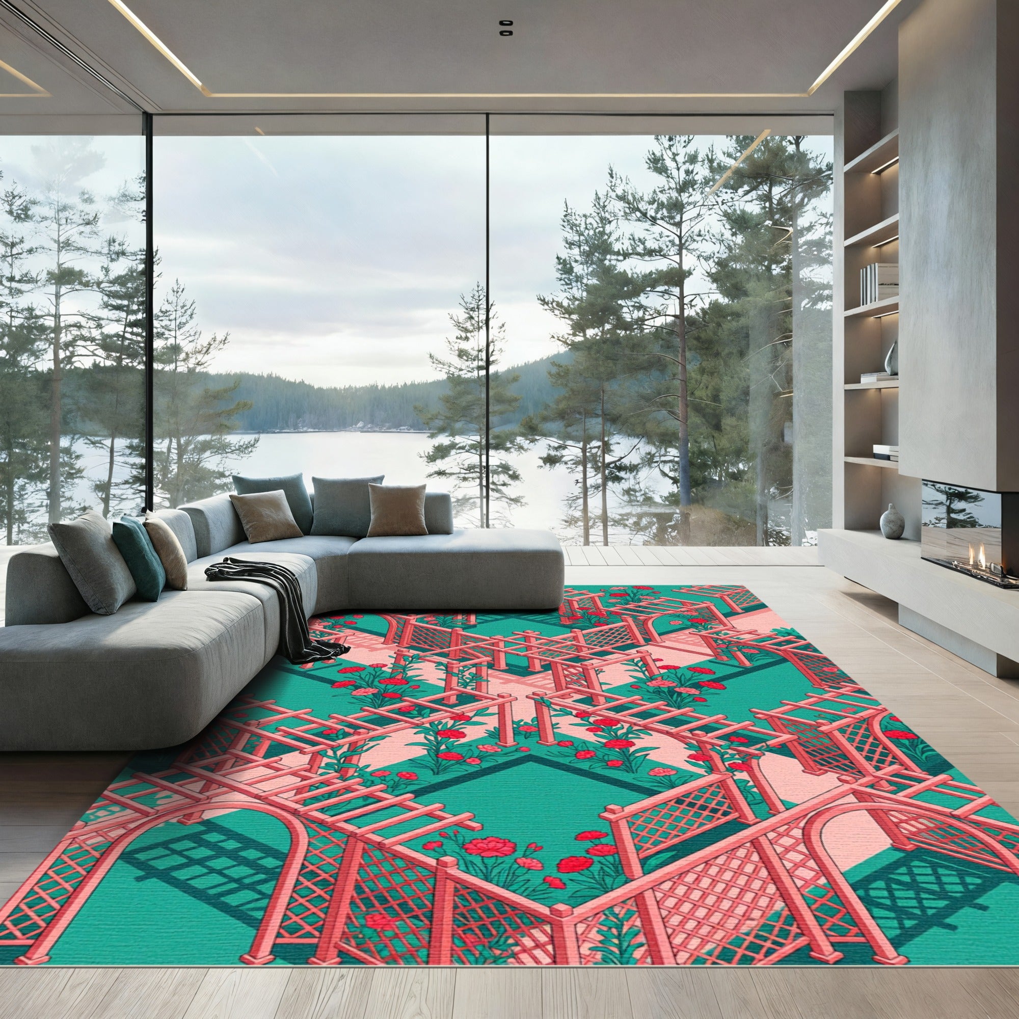 Isometric Pink Floral Lattice Garden Rug