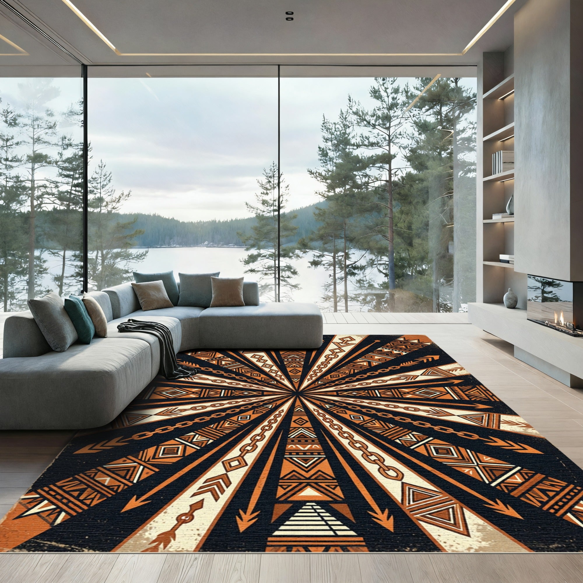 Earthy Terracotta Geometric Sunburst Arrow Rug